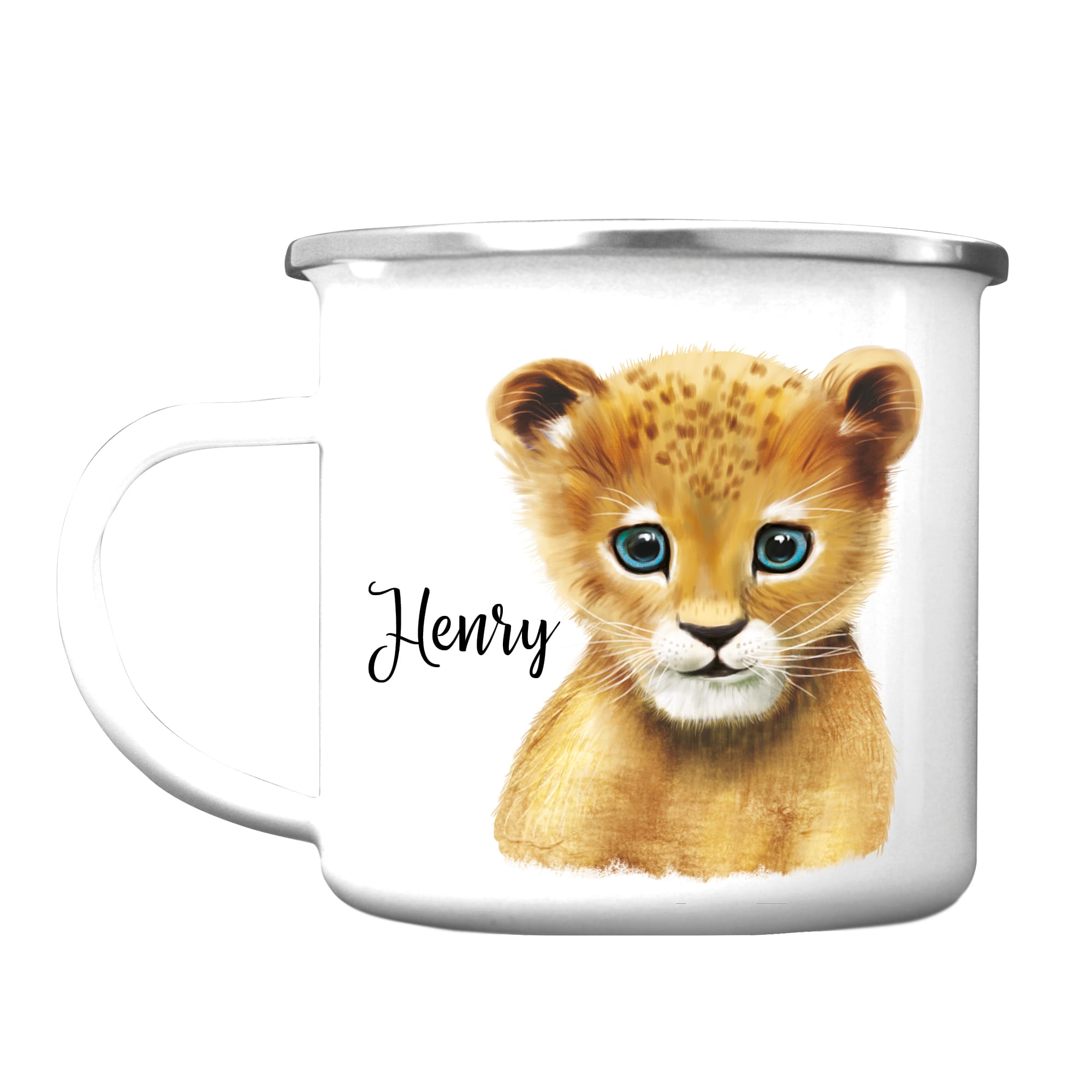 Auf dem Bild ist das Produkt: Emaille Campingbecher Kindertasse Löwe Lion Löwenkind personalisiert mit Wunschnamen Geschenk Geburtstag zum Preis von €18.9 abgebildet.