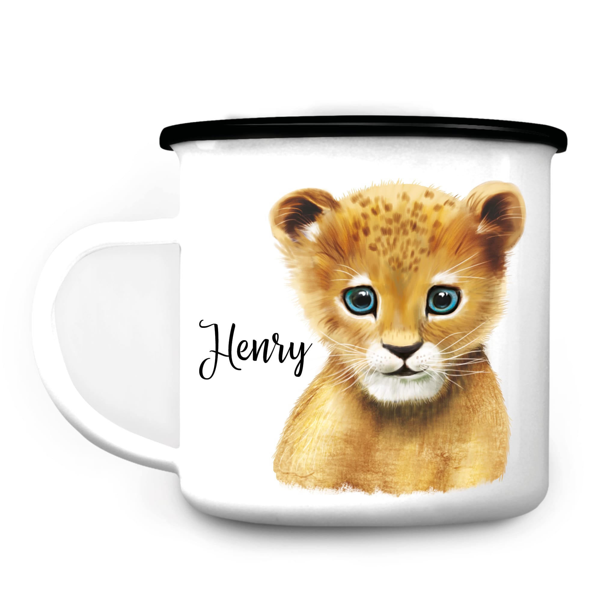 Auf dem Bild ist das Produkt: Emaille Campingbecher Kindertasse Löwe Lion Löwenkind personalisiert mit Wunschnamen Geschenk Geburtstag zum Preis von €18.9 abgebildet.