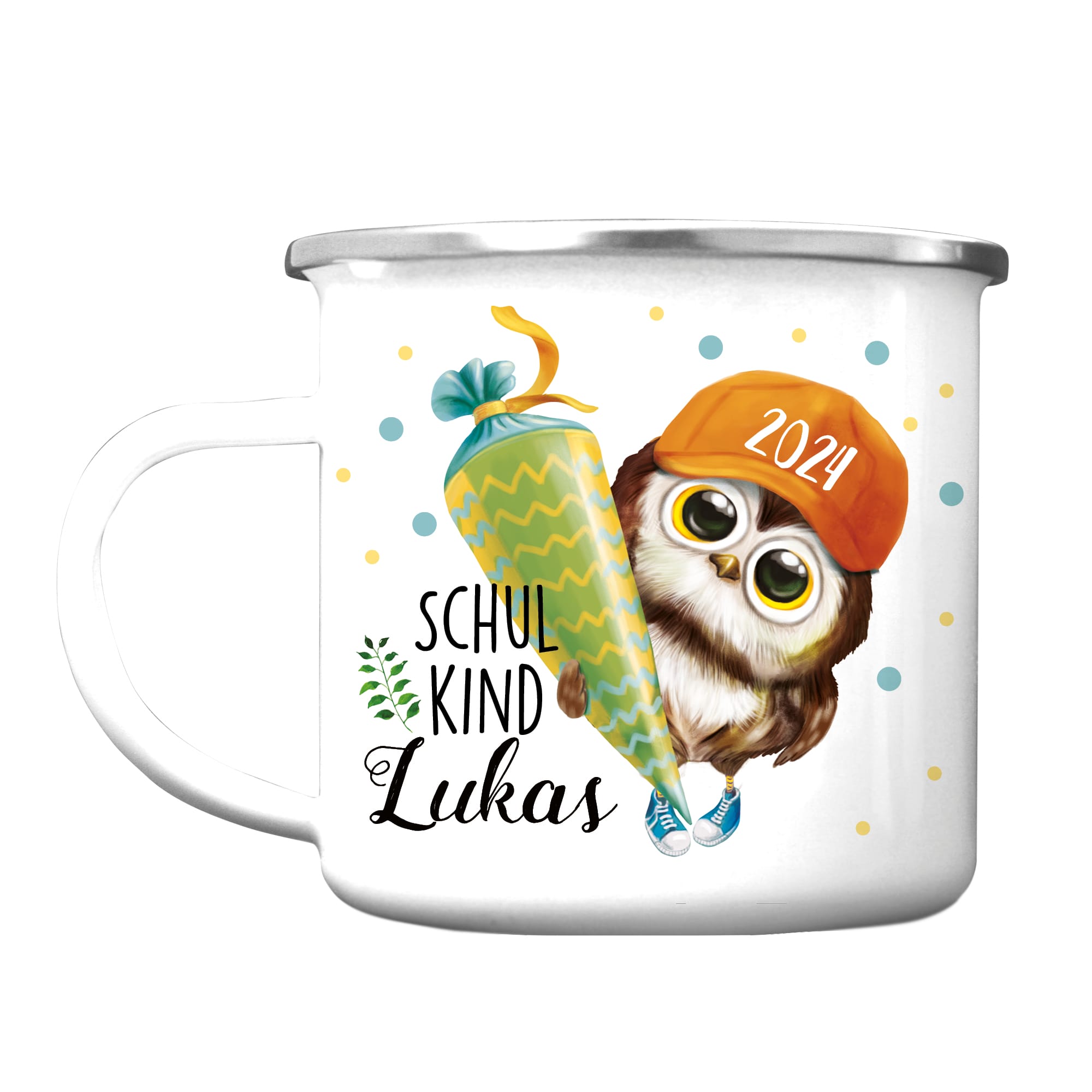 Auf dem Bild ist das Produkt: Kindertasse Emaille Becher Eule Schulkind Junge Einschulung Geschenk Outdoorgeschirr zum Preis von €18.9 abgebildet.