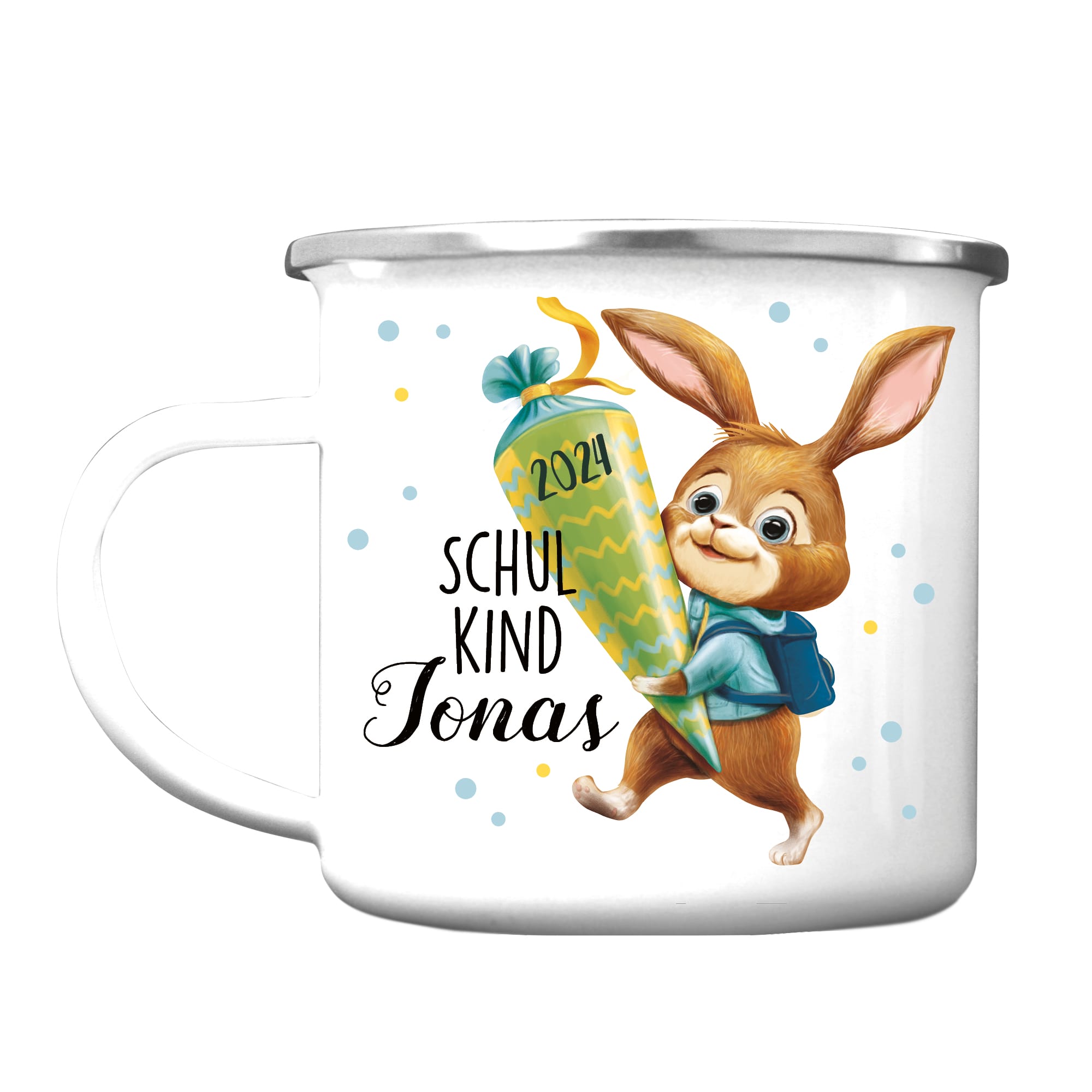 Auf dem Bild ist das Produkt: Kindertasse Emaille Becher Hase Schulkind Einschulung Geschenk Einschulungsgeschenk 300 ml Schule zum Preis von €18.9 abgebildet.