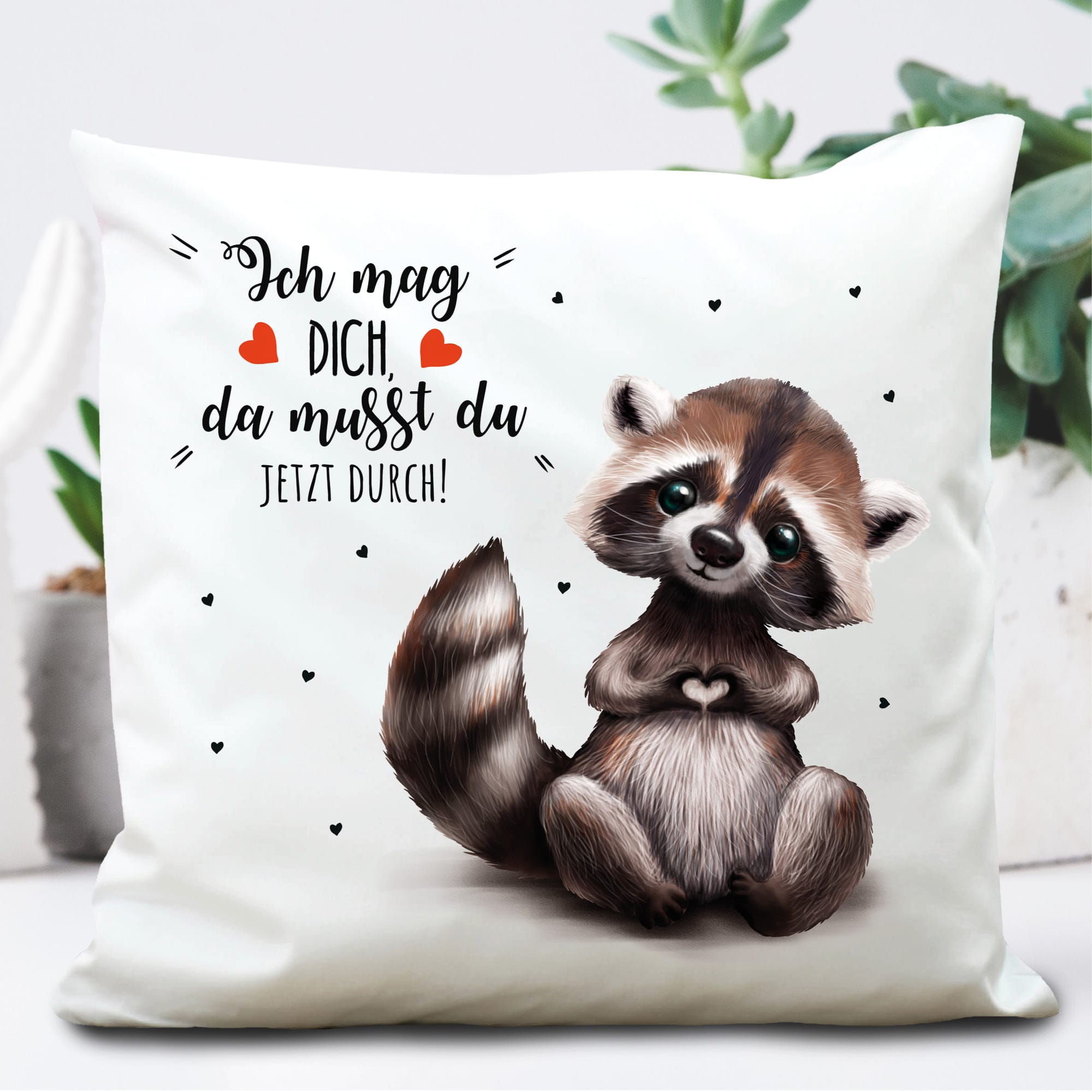 Auf dem Bild ist das Produkt: Deko Kissen Waschbär ich mag dich Geschenk Geburtstag 40 x 40 cm mit Füllung zum Preis von €11.90 abgebildet.