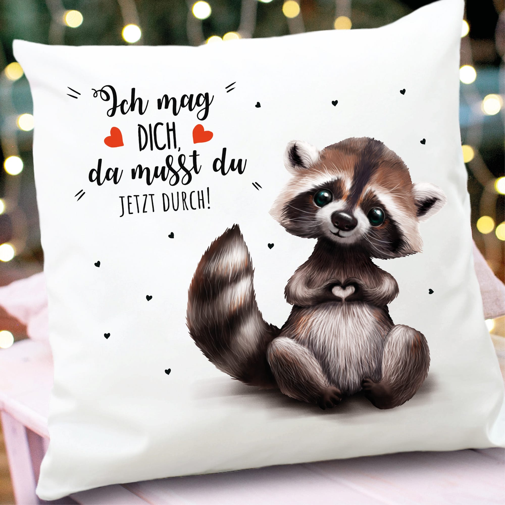 Auf dem Bild ist das Produkt: Deko Kissen Waschbär ich mag dich Geschenk Geburtstag 40 x 40 cm mit Füllung zum Preis von €11.90 abgebildet.