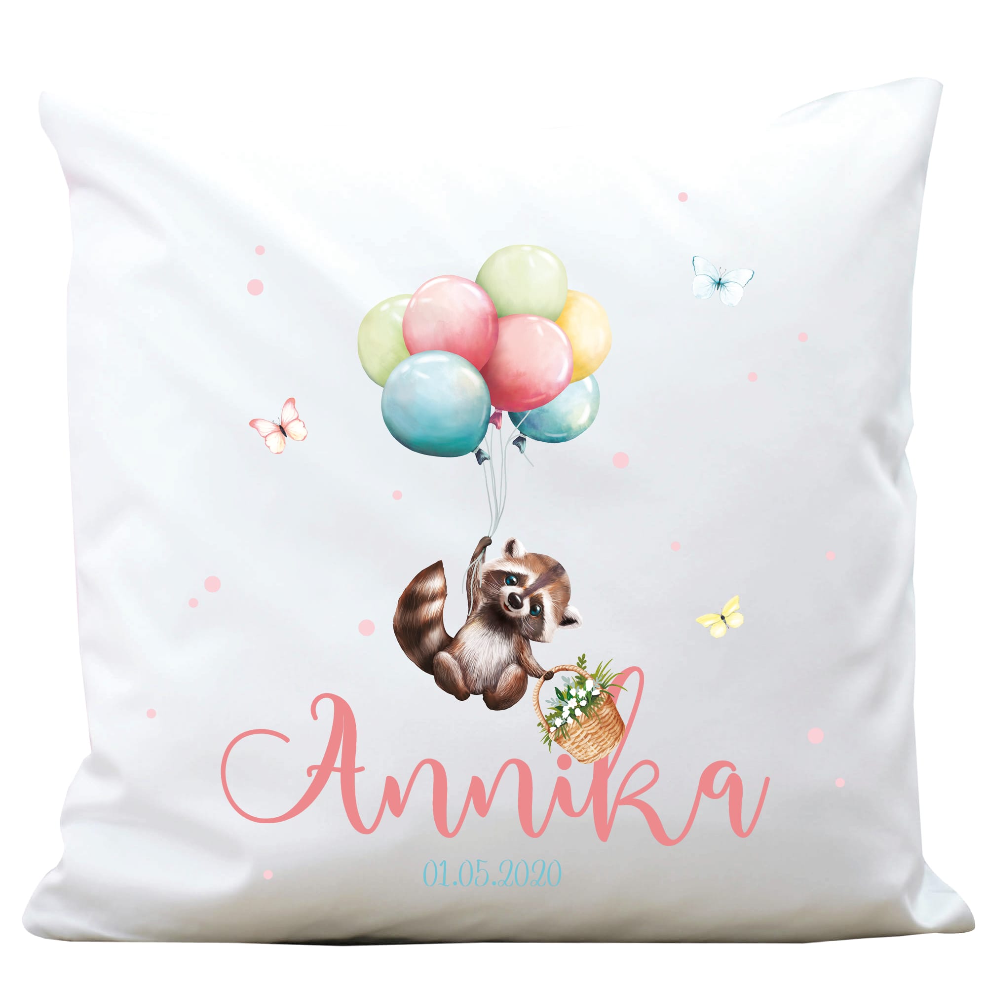 Auf dem Bild ist das Produkt: Kissen Geburt Waschbär mit Luftballons mit Namen und Geburtsdatum, Geschenk zur Geburt, personalisiertes Geburtskissen zum Preis von €16.90 abgebildet.