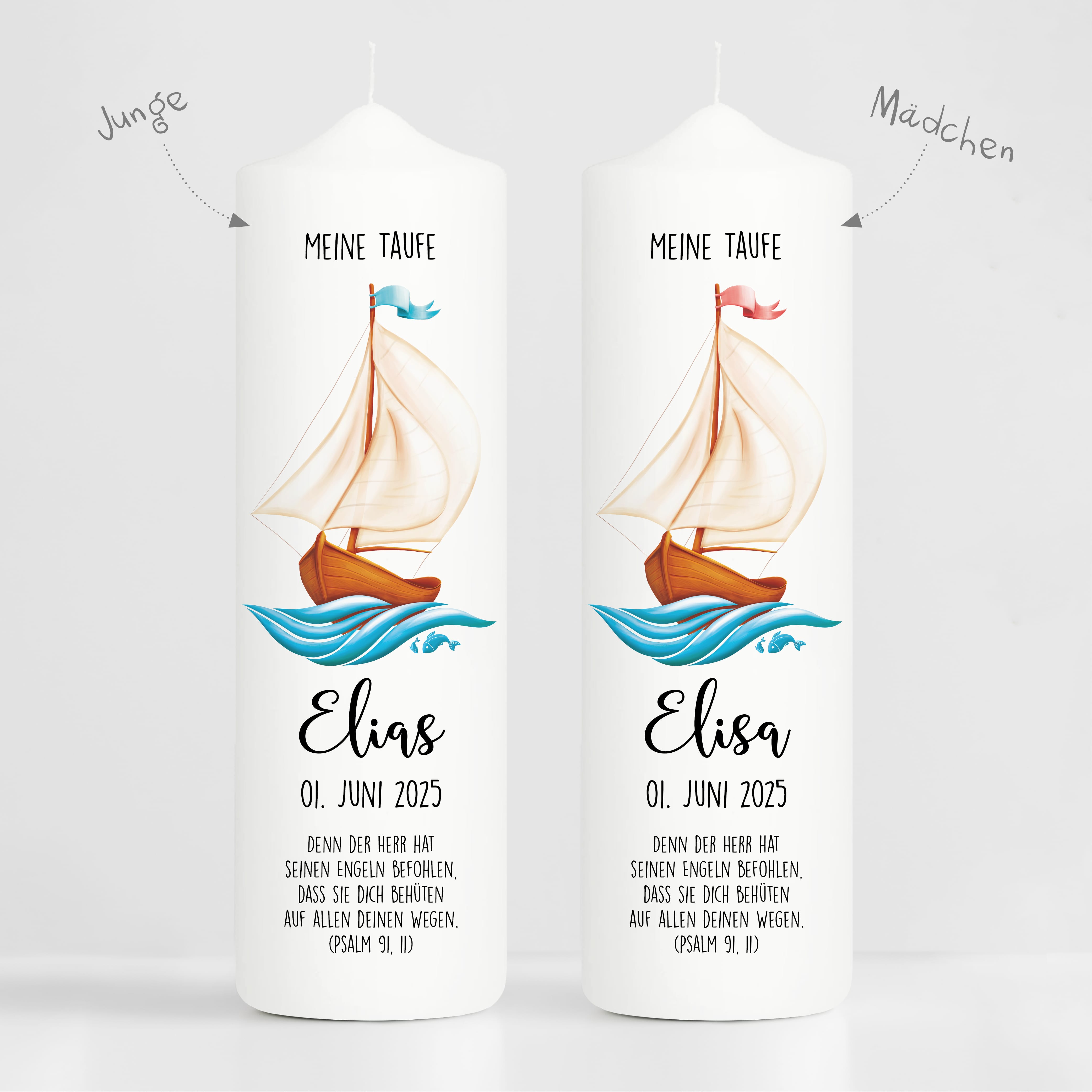 Auf dem Bild ist das Produkt: Taufkerze Segelboot Schiff Junge Mädchen Boot Name Datum Taufspruch Kerze zur Taufe Meer zum Preis von €6.4 abgebildet.