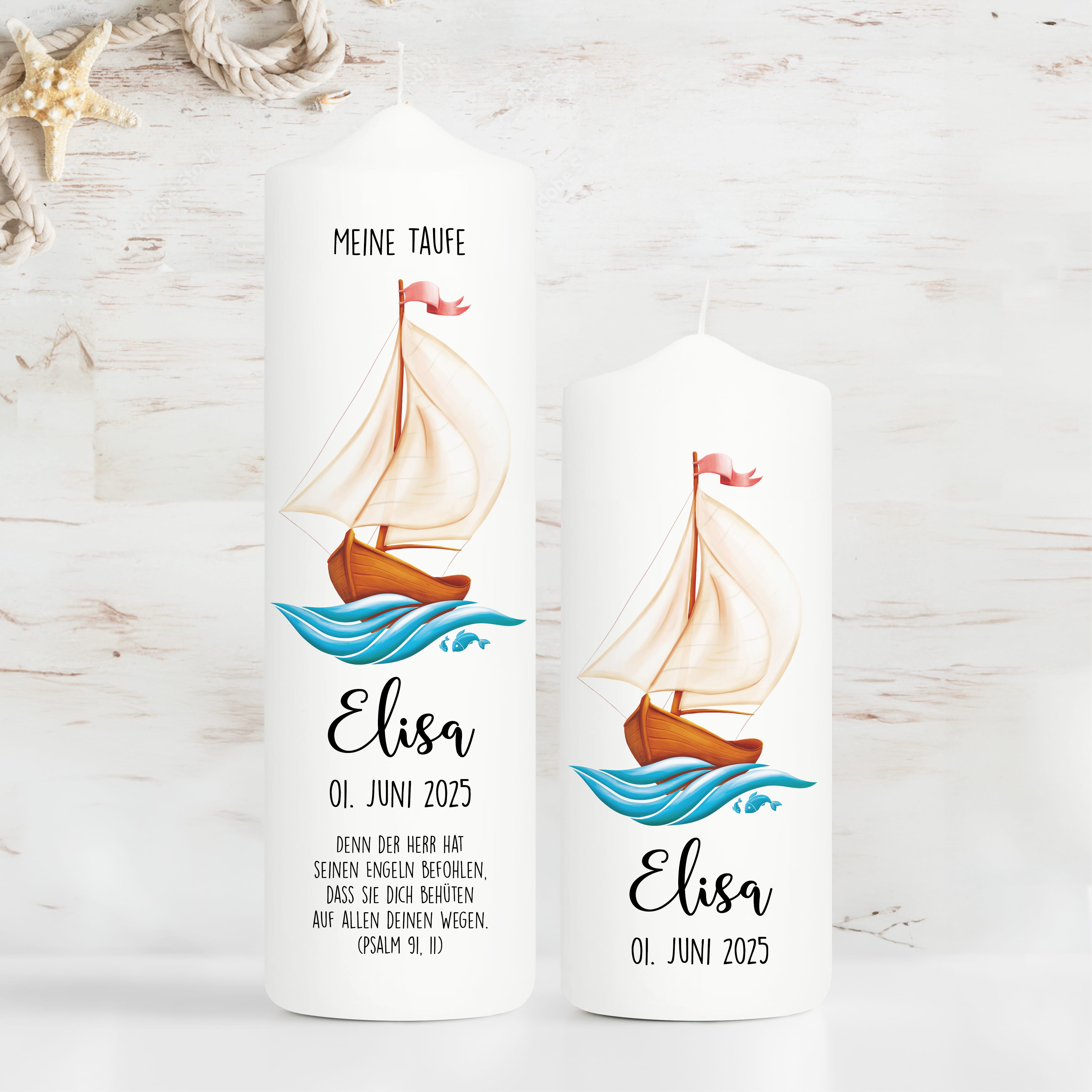 Auf dem Bild ist das Produkt: Taufkerze Segelboot Schiff Junge Mädchen Boot Name Datum Taufspruch Kerze zur Taufe Meer zum Preis von €6.4 abgebildet.