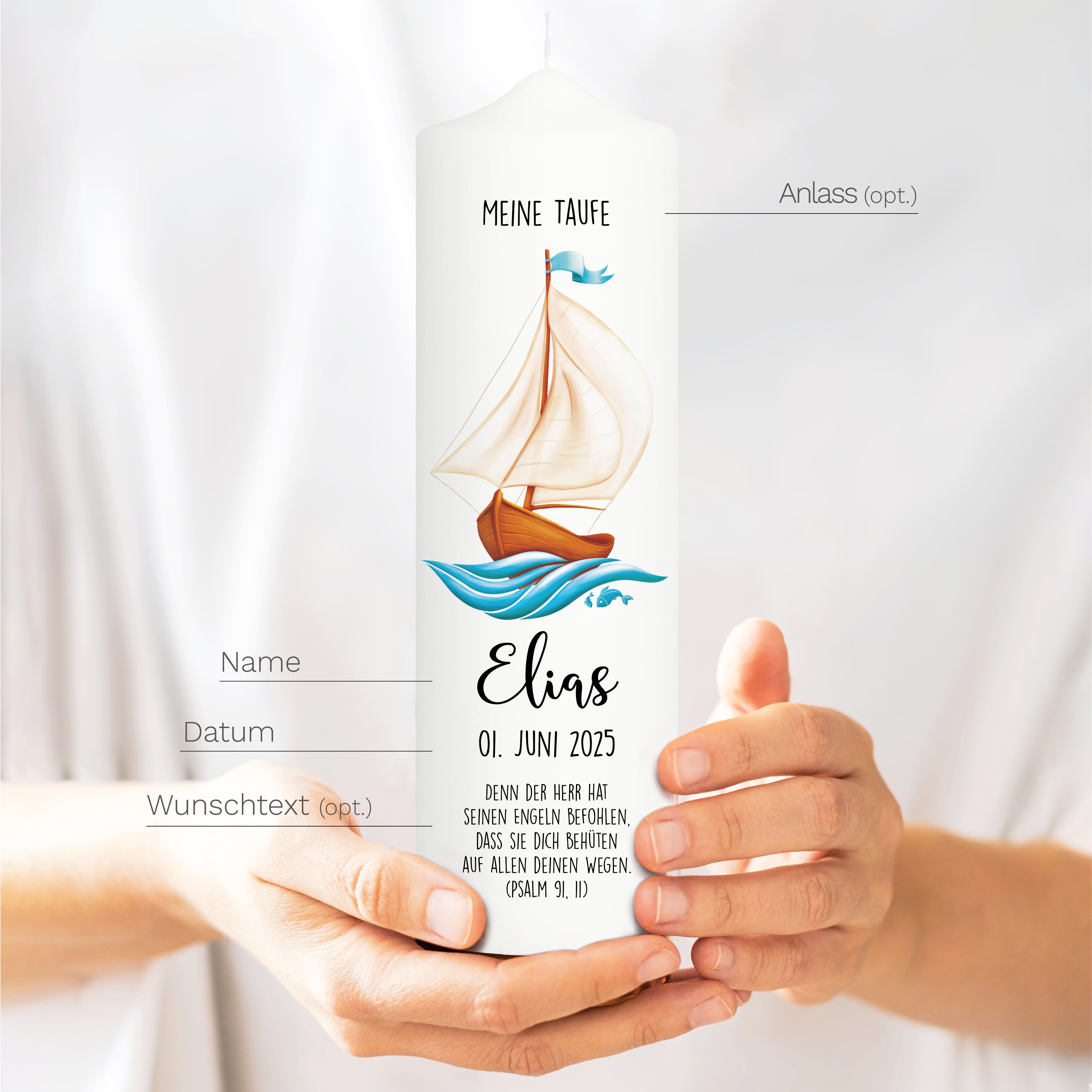 Auf dem Bild ist das Produkt: Taufkerze Segelboot Schiff Junge Mädchen Boot Name Datum Taufspruch Kerze zur Taufe Meer zum Preis von €6.4 abgebildet.