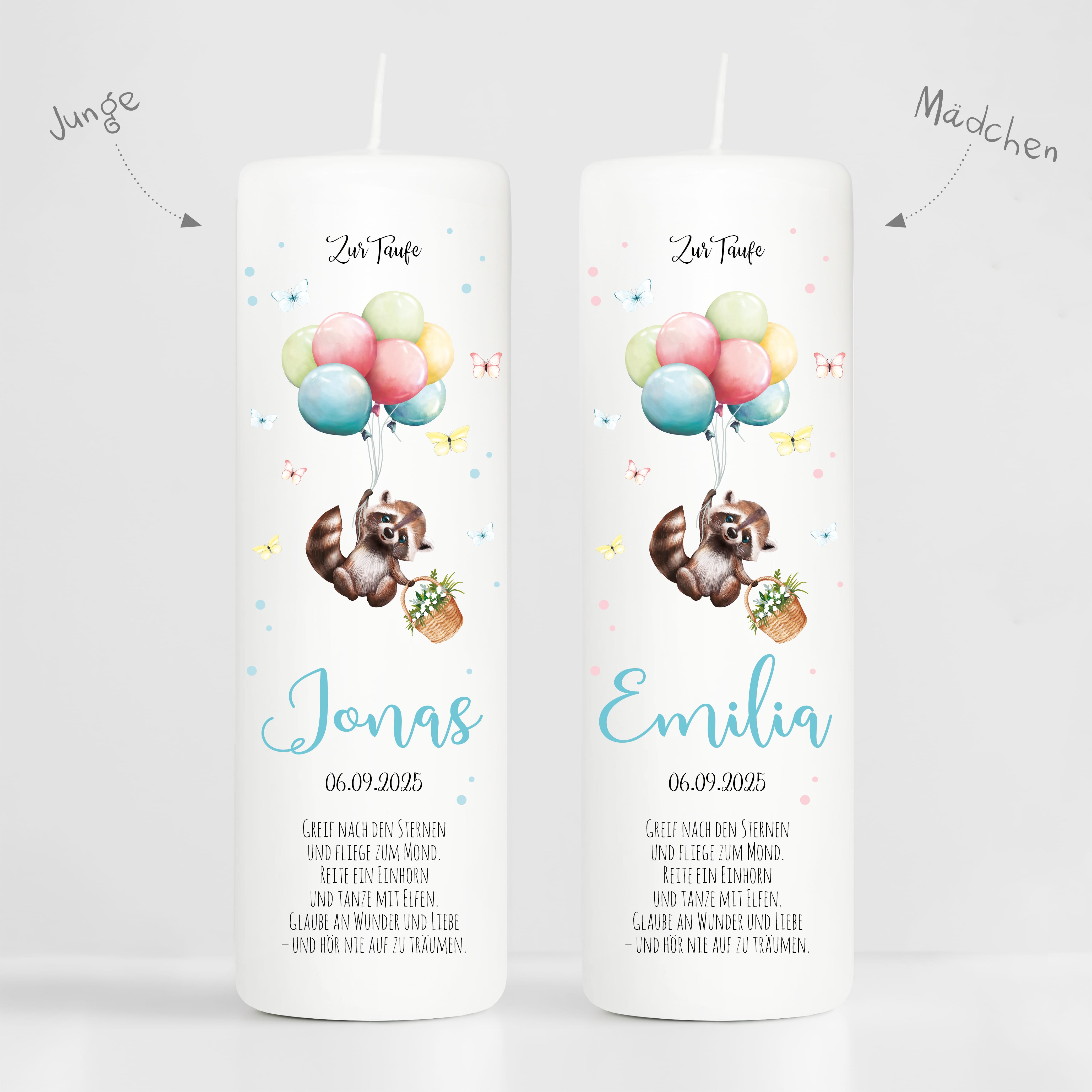 Auf dem Bild ist das Produkt: Taufkerze Junge Mädchen Baby Waschbär Ballon personalisierte Kerze zur Taufe mit Namen, Datum und eigenem, vorgegebenem oder keinem Taufspruch zum Preis von €6.4 abgebildet.