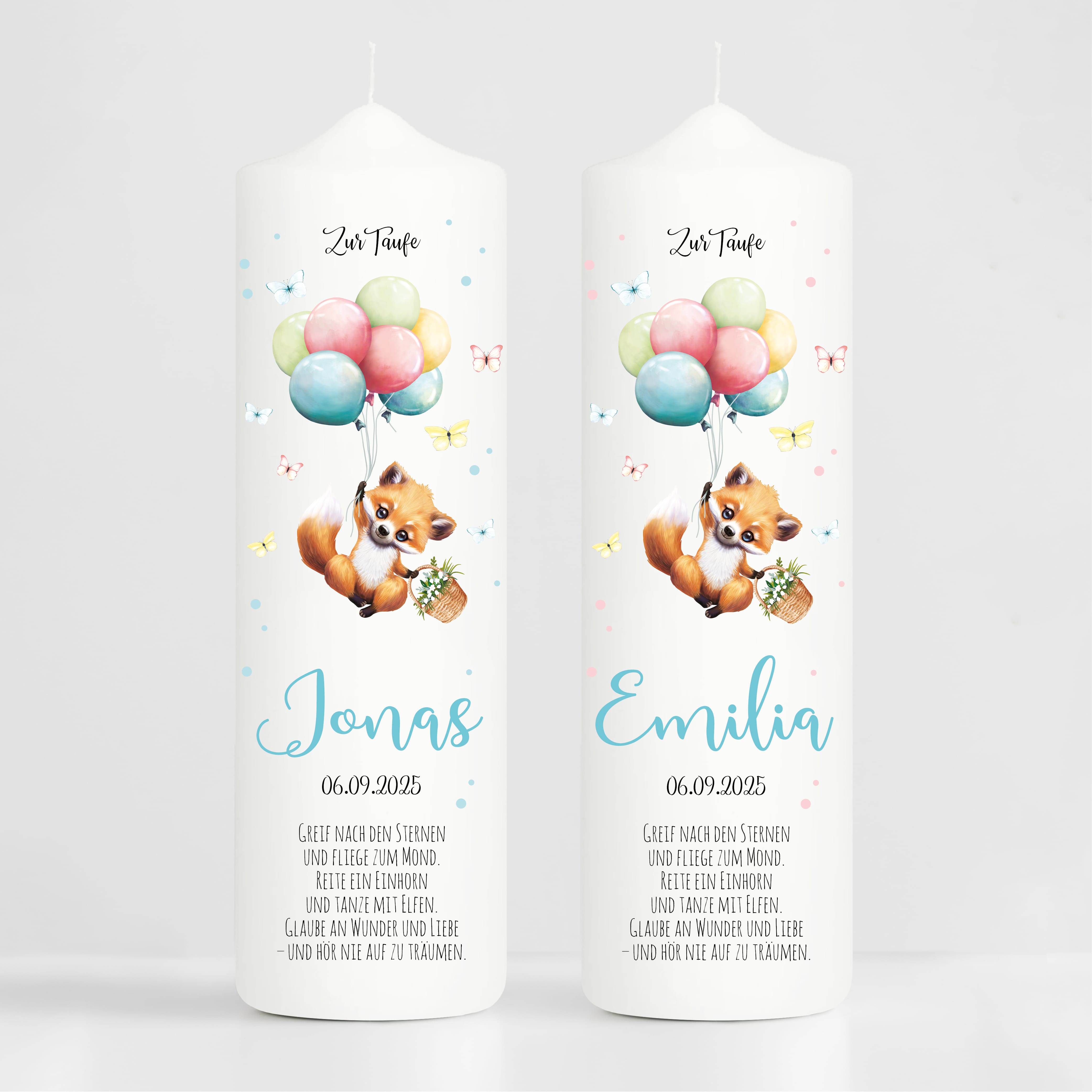 Auf dem Bild ist das Produkt: Taufkerze Junge Mädchen Fuchs Ballon Baby personalisierte Kerze zur Taufe mit Namen, Datum und eigenem, vorgegebenem oder keinem Taufspruch Taufgeschenk zum Preis von €5.90 abgebildet.