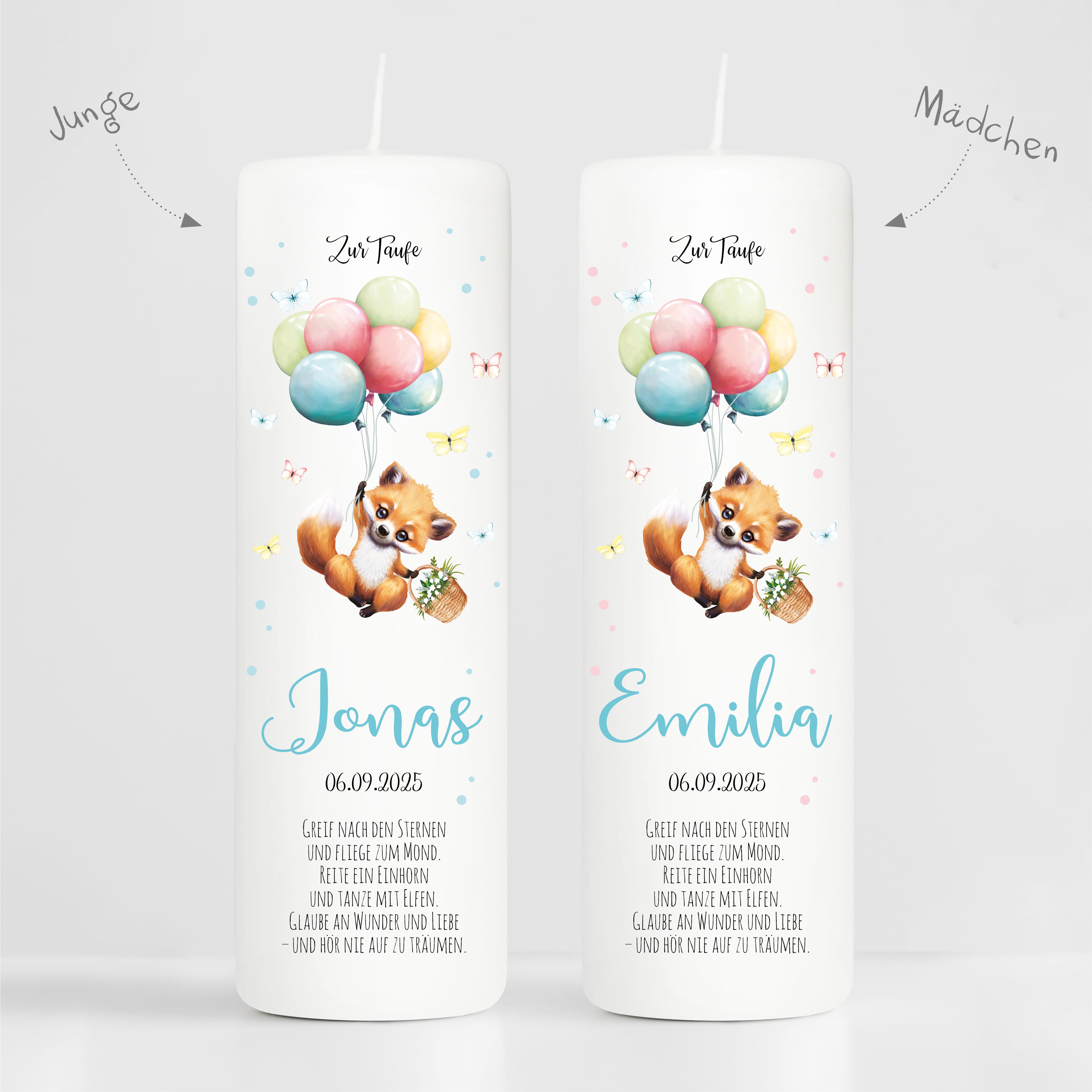 Auf dem Bild ist das Produkt: Taufkerze Junge Mädchen Fuchs Ballon Baby personalisierte Kerze zur Taufe mit Namen, Datum und eigenem, vorgegebenem oder keinem Taufspruch Taufgeschenk zum Preis von €5.90 abgebildet.