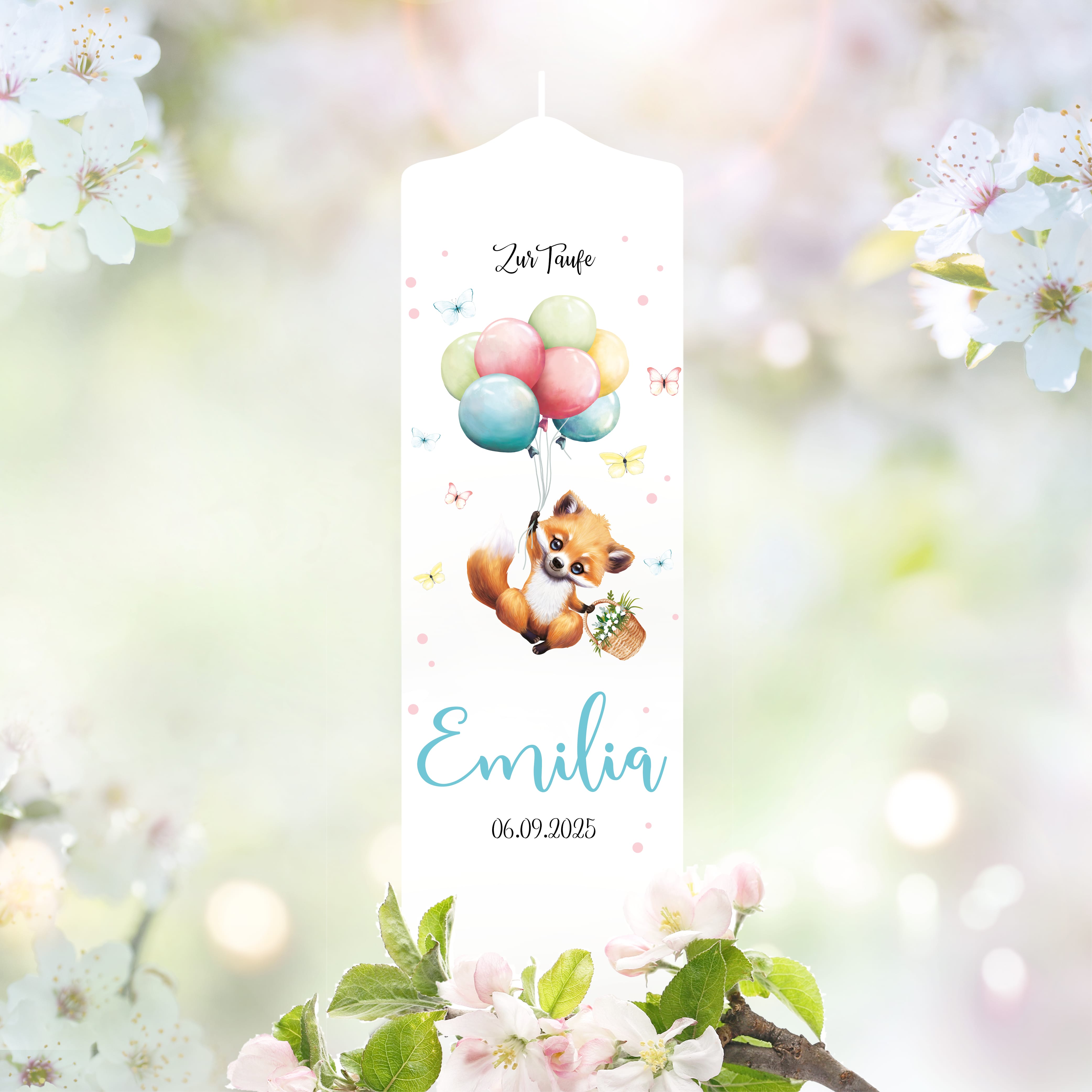Auf dem Bild ist das Produkt: Taufkerze Junge Mädchen Fuchs Ballon Baby personalisierte Kerze zur Taufe mit Namen, Datum und eigenem, vorgegebenem oder keinem Taufspruch Taufgeschenk zum Preis von €5.90 abgebildet.
