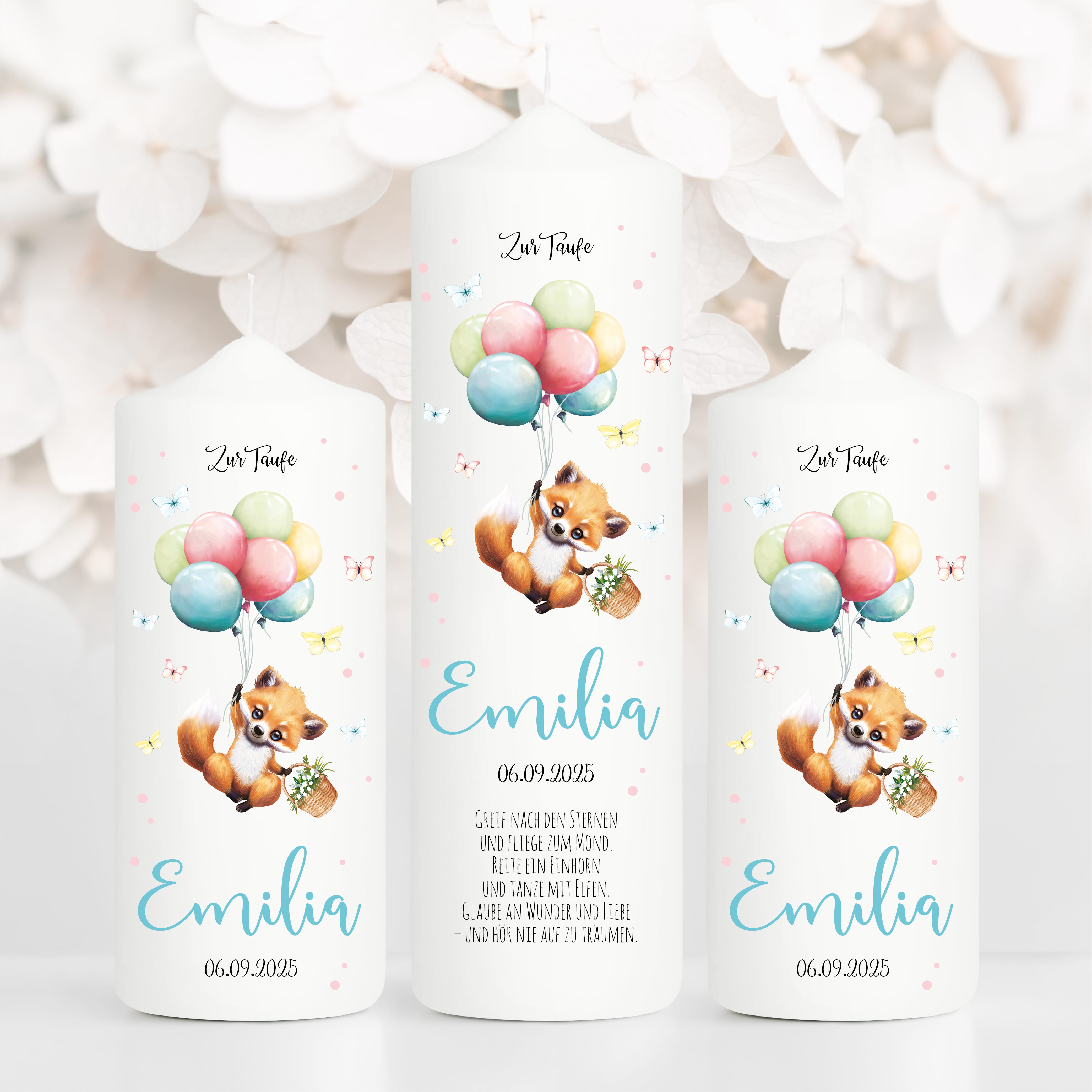 Auf dem Bild ist das Produkt: Taufkerze Junge Mädchen Fuchs Ballon Baby personalisierte Kerze zur Taufe mit Namen, Datum und eigenem, vorgegebenem oder keinem Taufspruch Taufgeschenk zum Preis von €5.90 abgebildet.