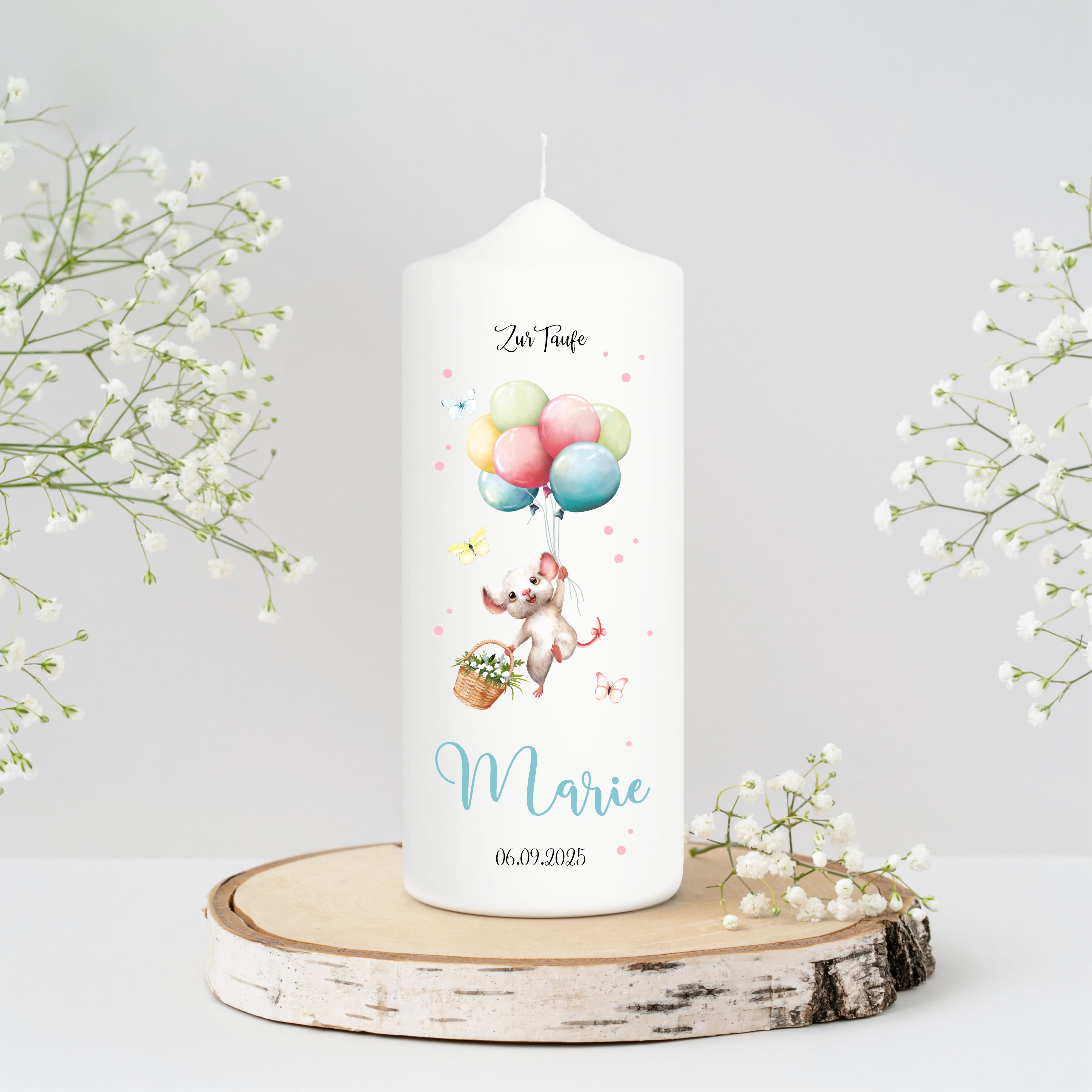 Auf dem Bild ist das Produkt: Taufkerze Junge Mädchen Maus Ballon personalisierte Kerze zur Taufe Kommunionskerze zum Preis von €6.4 abgebildet.