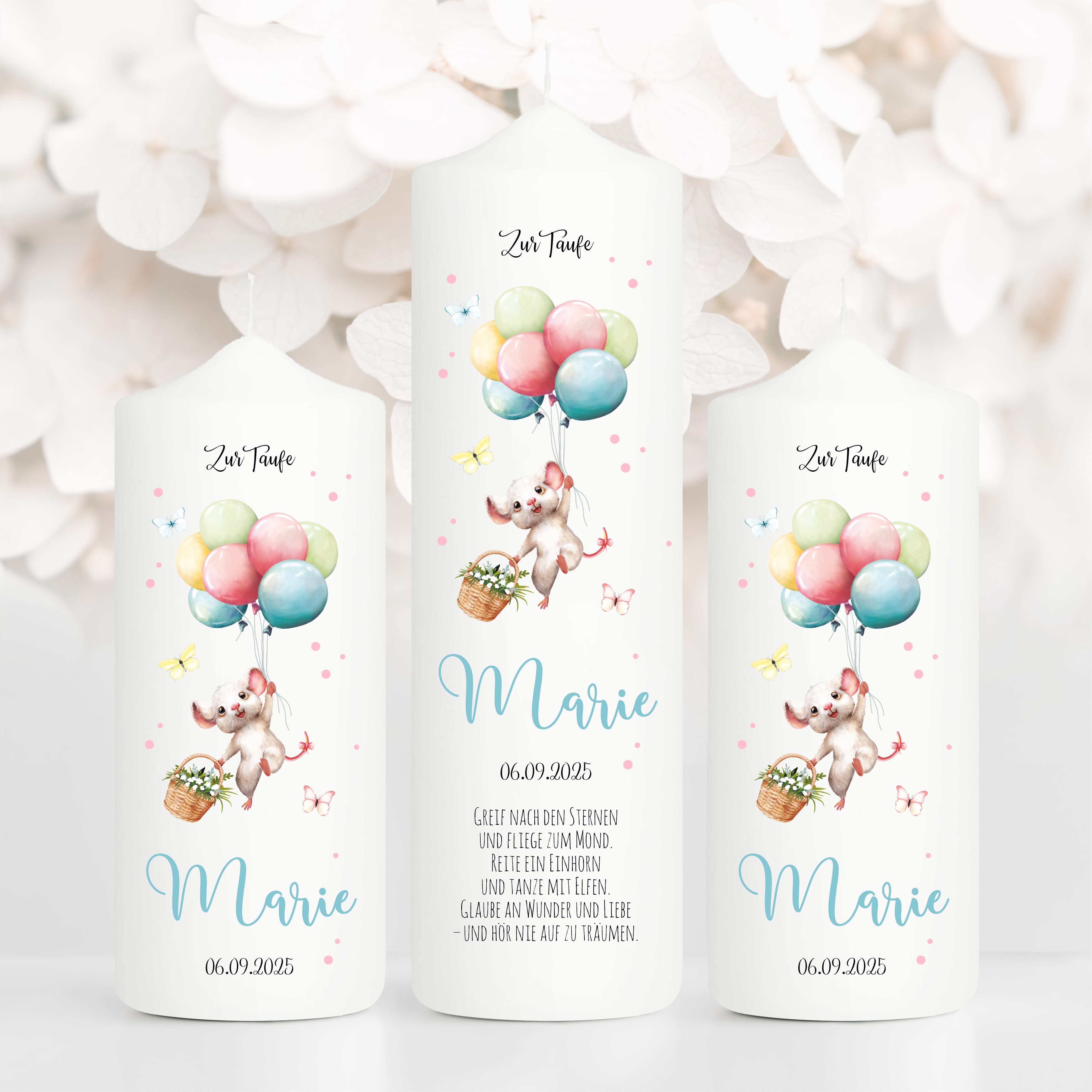 Auf dem Bild ist das Produkt: Taufkerze Junge Mädchen Maus Ballon personalisierte Kerze zur Taufe Kommunionskerze zum Preis von €6.4 abgebildet.