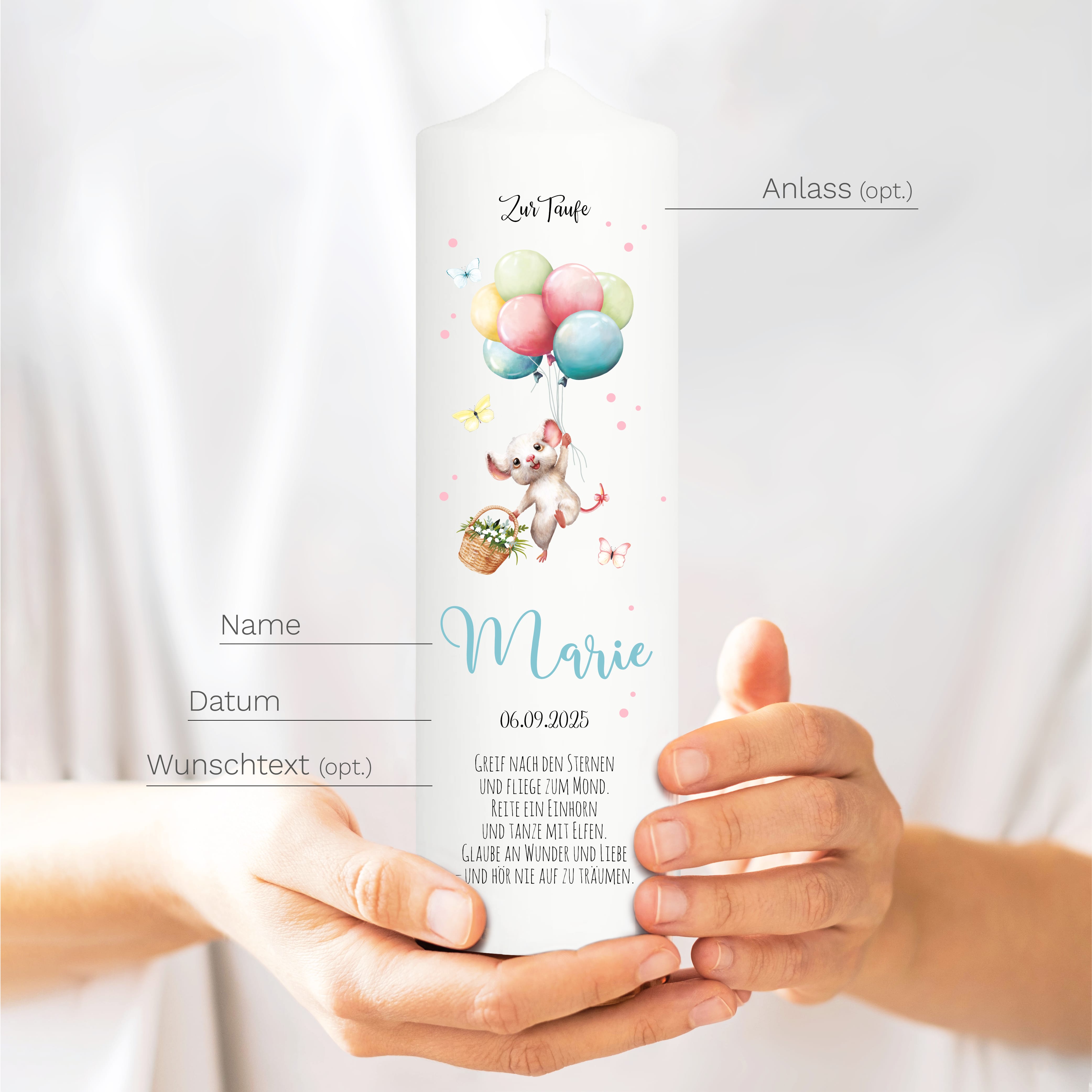 Auf dem Bild ist das Produkt: Taufkerze Junge Mädchen Maus Ballon personalisierte Kerze zur Taufe Kommunionskerze zum Preis von €6.4 abgebildet.