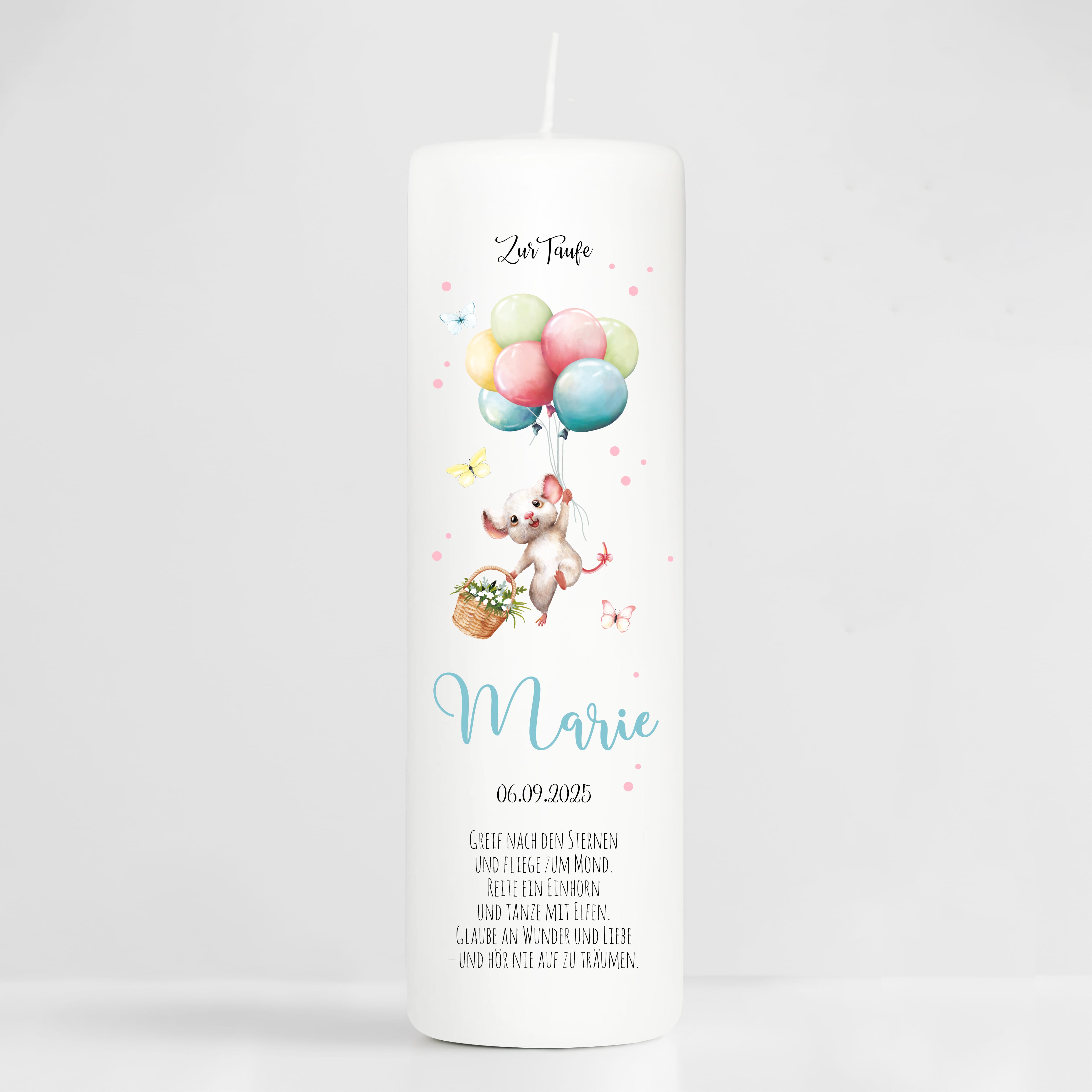 Auf dem Bild ist das Produkt: Taufkerze Junge Mädchen Maus Ballon personalisierte Kerze zur Taufe Kommunionskerze zum Preis von €6.4 abgebildet.