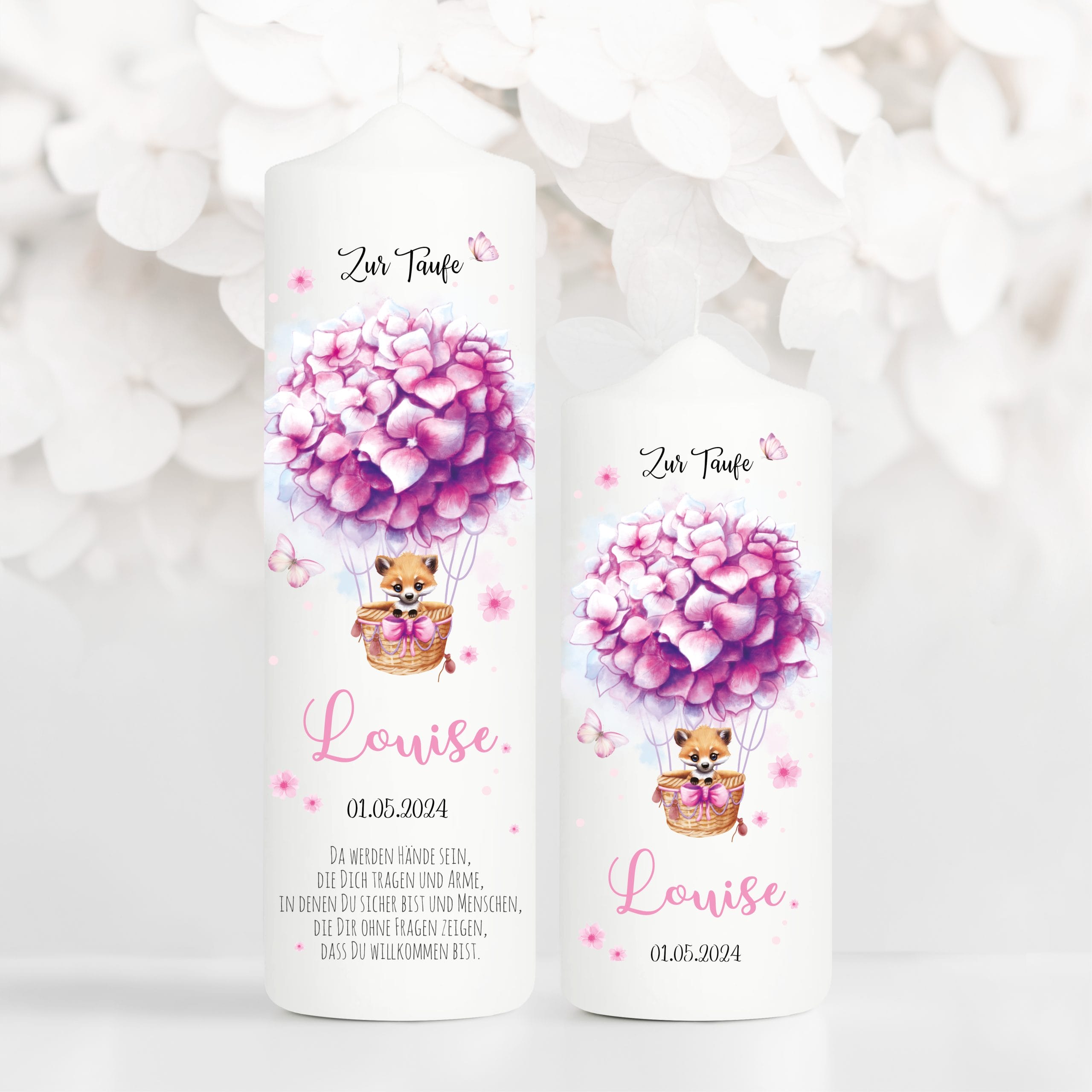 Auf dem Bild ist das Produkt: Taufkerze Junge Mädchen Heißluftballon Fuchs Blumen bedruckt personalisiert Kerze Kind Kirche zum Preis von €6.40 abgebildet.