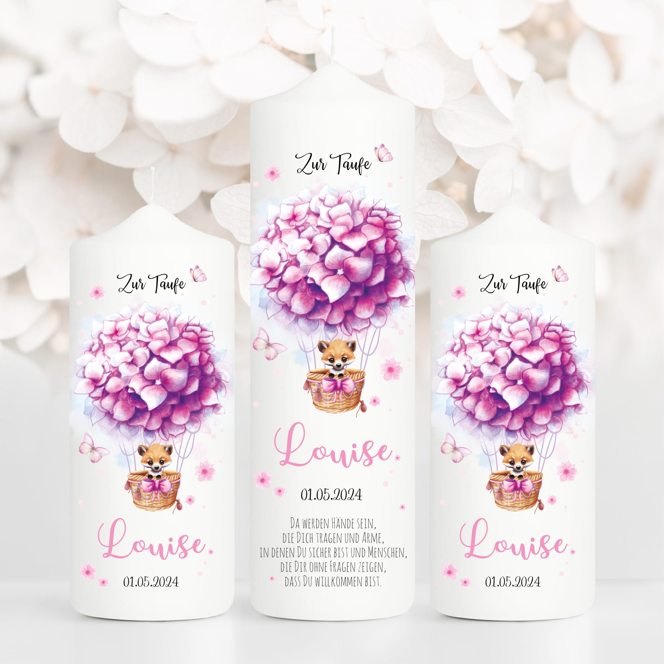 Auf dem Bild ist das Produkt: Taufkerze Junge Mädchen Heißluftballon Fuchs Blumen bedruckt personalisiert Kerze Kind Kirche zum Preis von €6.40 abgebildet.