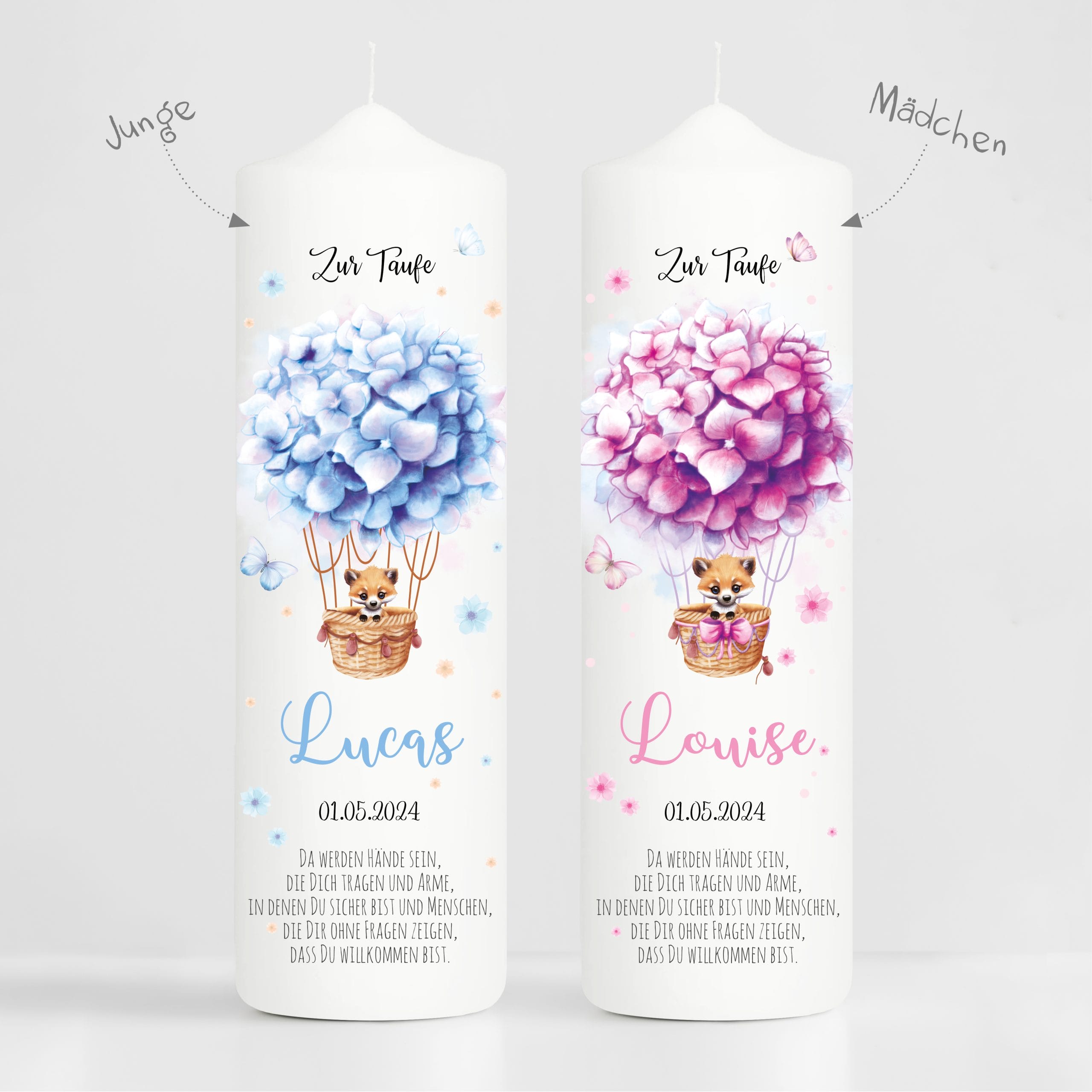 Auf dem Bild ist das Produkt: Taufkerze Junge Mädchen Heißluftballon Fuchs Blumen bedruckt personalisiert Kerze Kind Kirche zum Preis von €6.40 abgebildet.