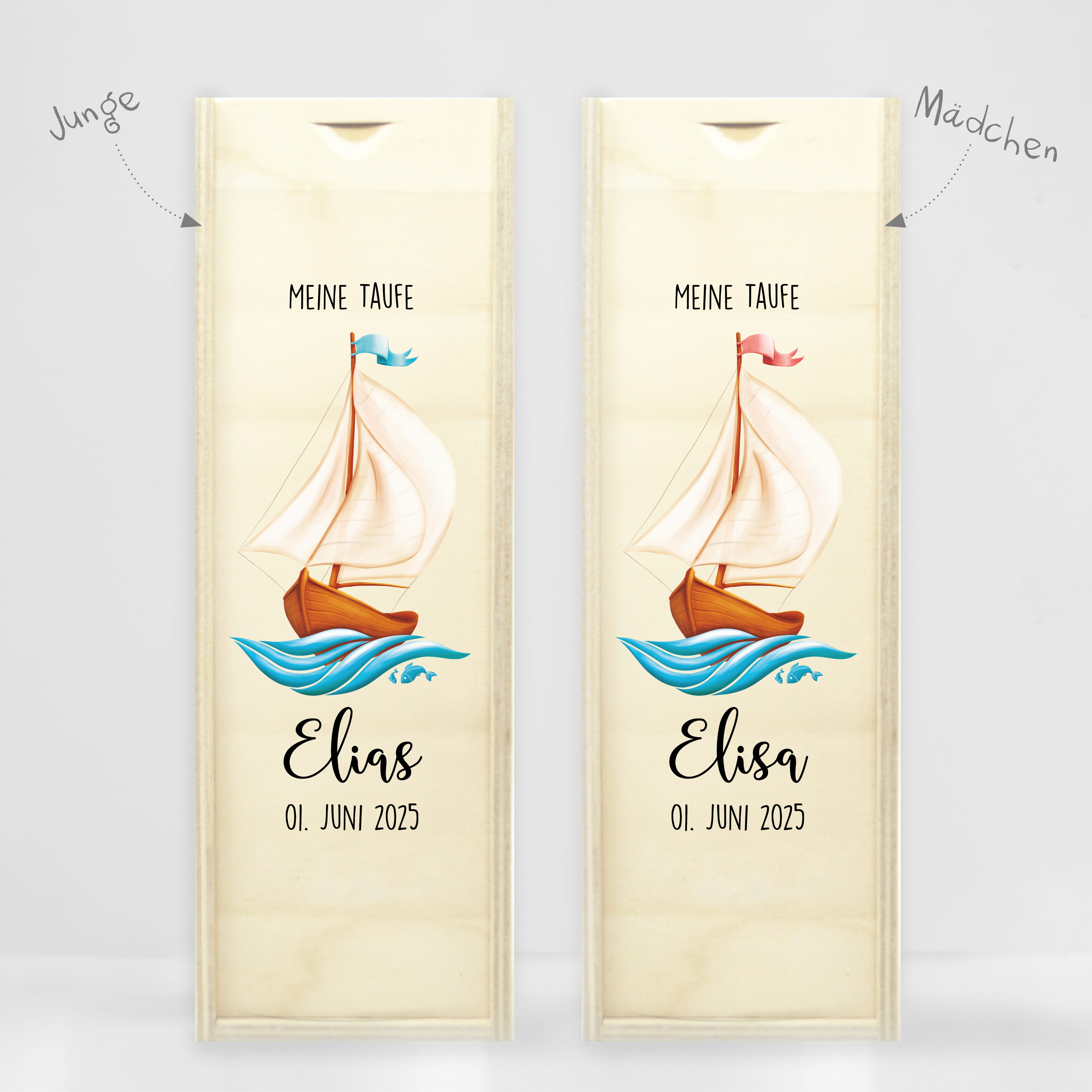 Auf dem Bild ist das Produkt: Taufkerze Segelboot Schiff Junge Mädchen Boot Name Datum Taufspruch Kerze zur Taufe Meer zum Preis von €6.4 abgebildet.