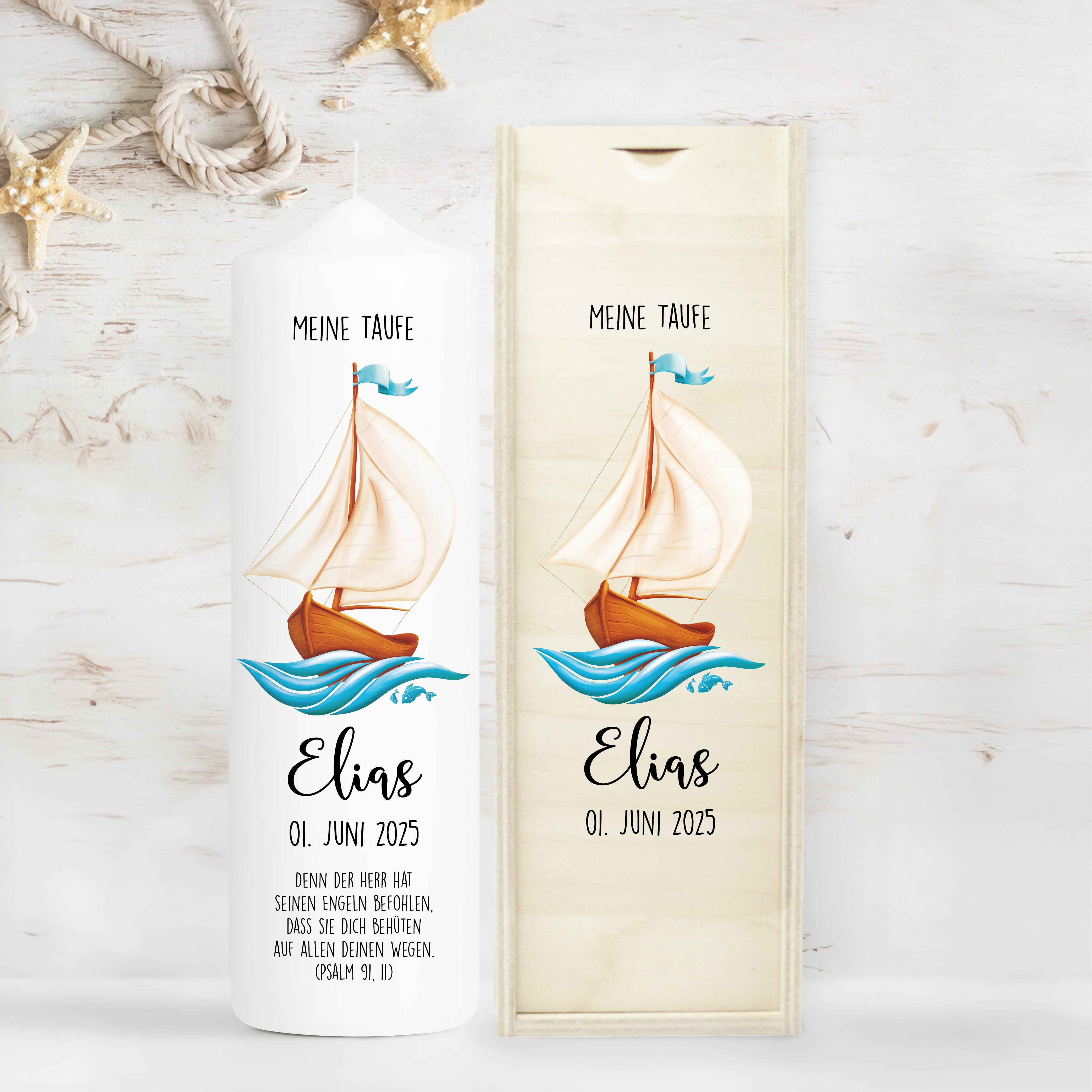 Auf dem Bild ist das Produkt: Taufkerze Segelboot Schiff Junge Mädchen Boot Name Datum Taufspruch Kerze zur Taufe Meer zum Preis von €6.4 abgebildet.