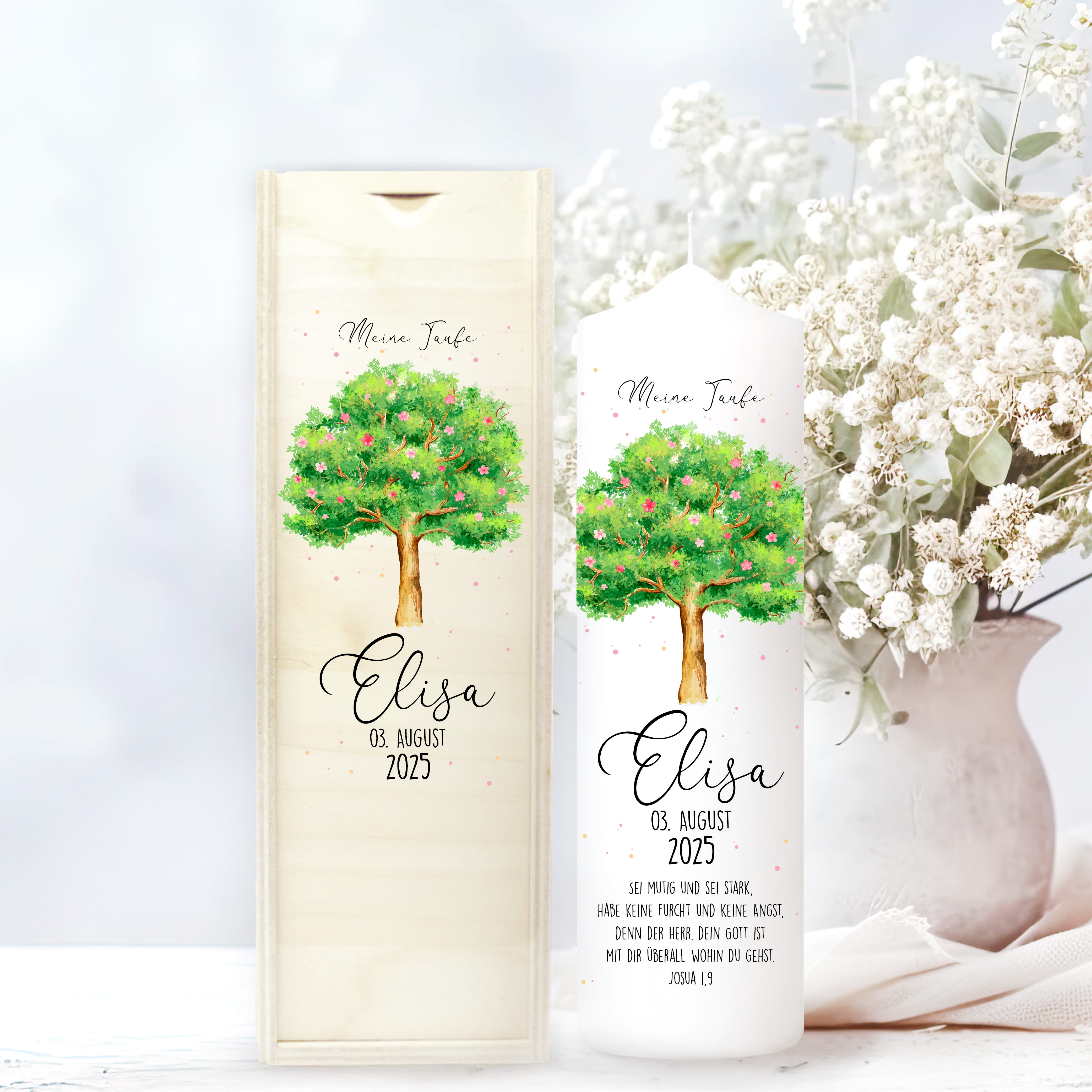 Taufkerze Junge/ Mädchen Lebensbaum Baum mit Blüten bedruckt mit Namen, Datum und auf Wunsch eigenem, vorgegebenem oder keinem Taufspruch