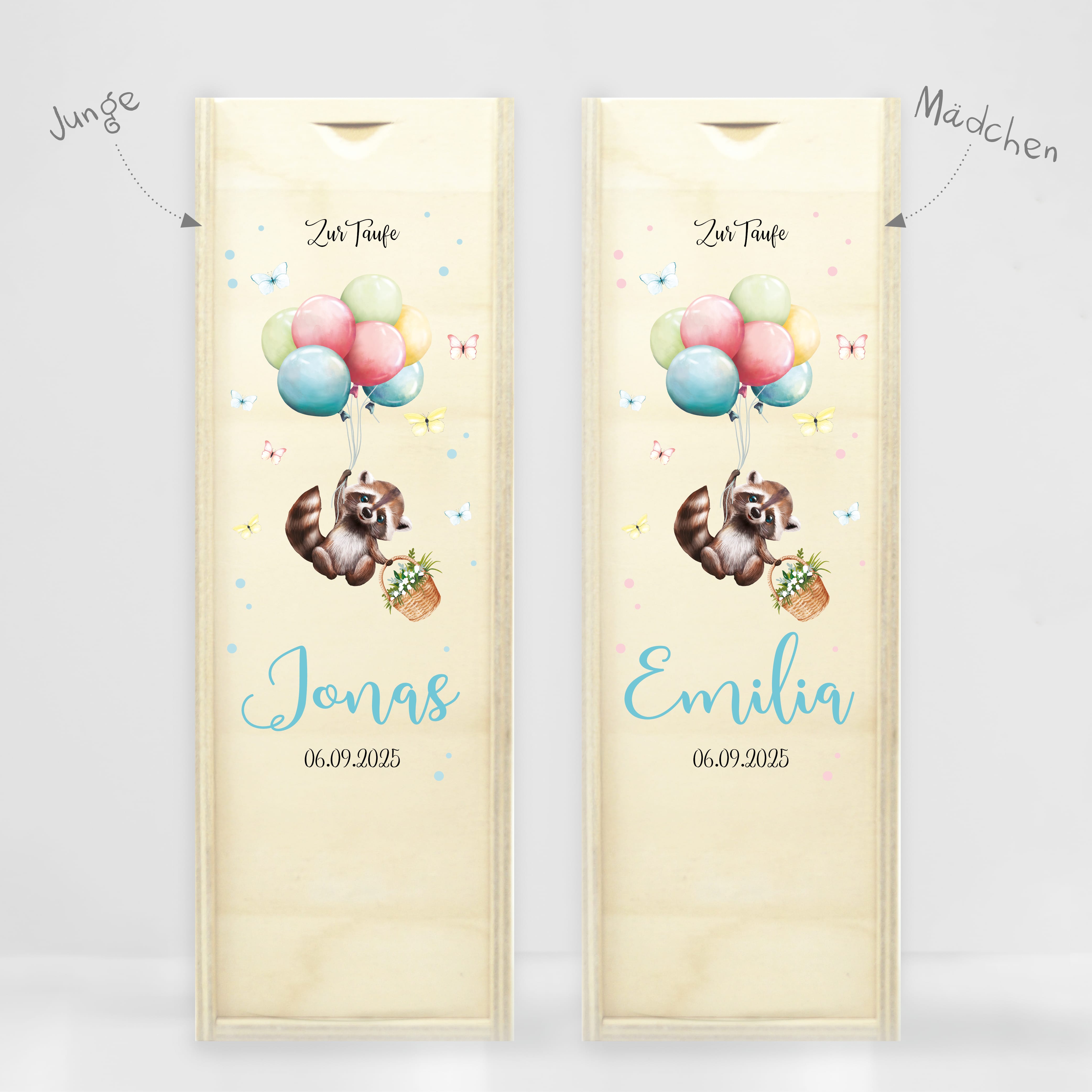 Auf dem Bild ist das Produkt: Taufkerze Junge Mädchen Baby Waschbär Ballon personalisierte Kerze zur Taufe mit Namen, Datum und eigenem, vorgegebenem oder keinem Taufspruch zum Preis von €6.4 abgebildet.