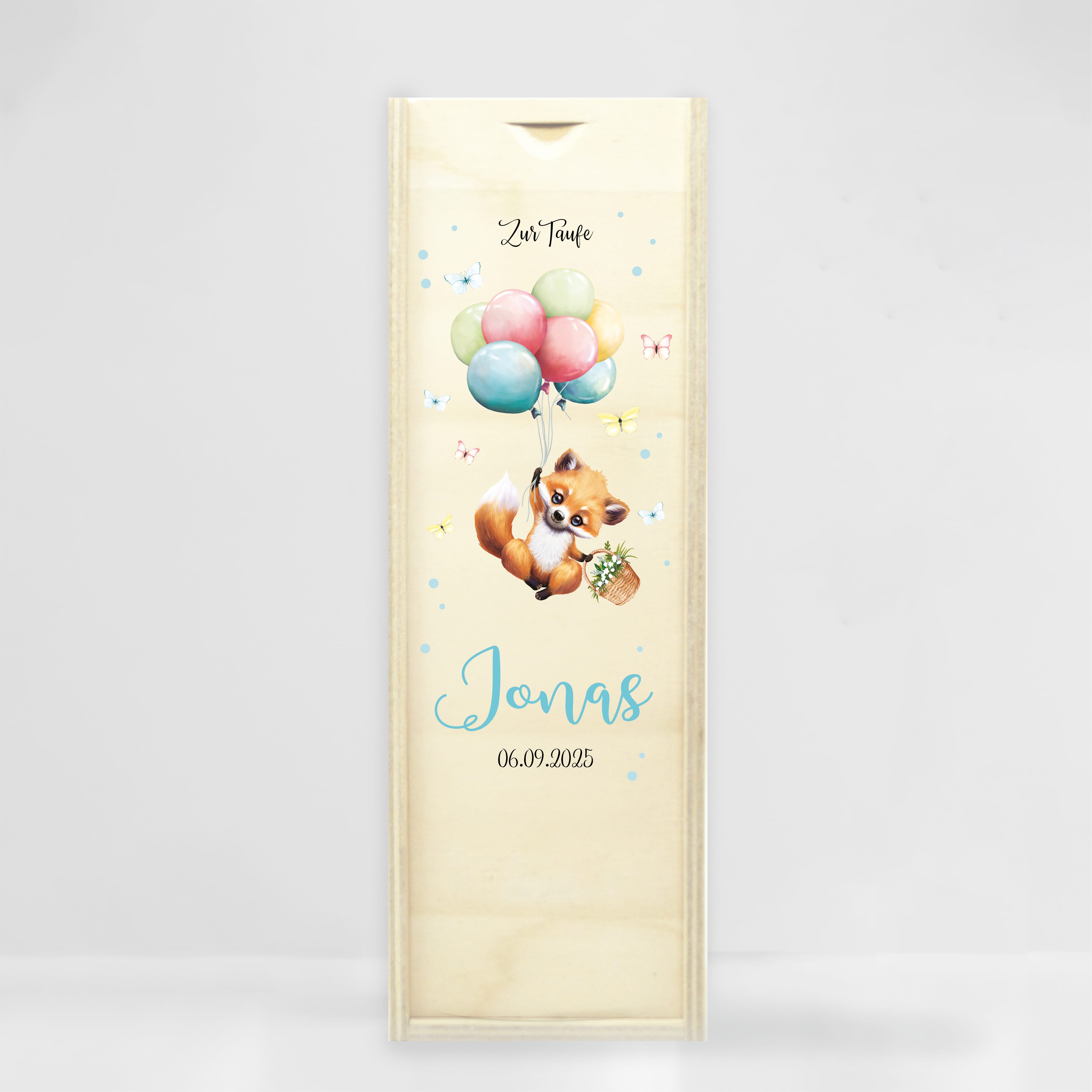 Auf dem Bild ist das Produkt: Taufkerze Junge Mädchen Fuchs Ballon Baby personalisierte Kerze zur Taufe mit Namen, Datum und eigenem, vorgegebenem oder keinem Taufspruch Taufgeschenk zum Preis von €5.90 abgebildet.