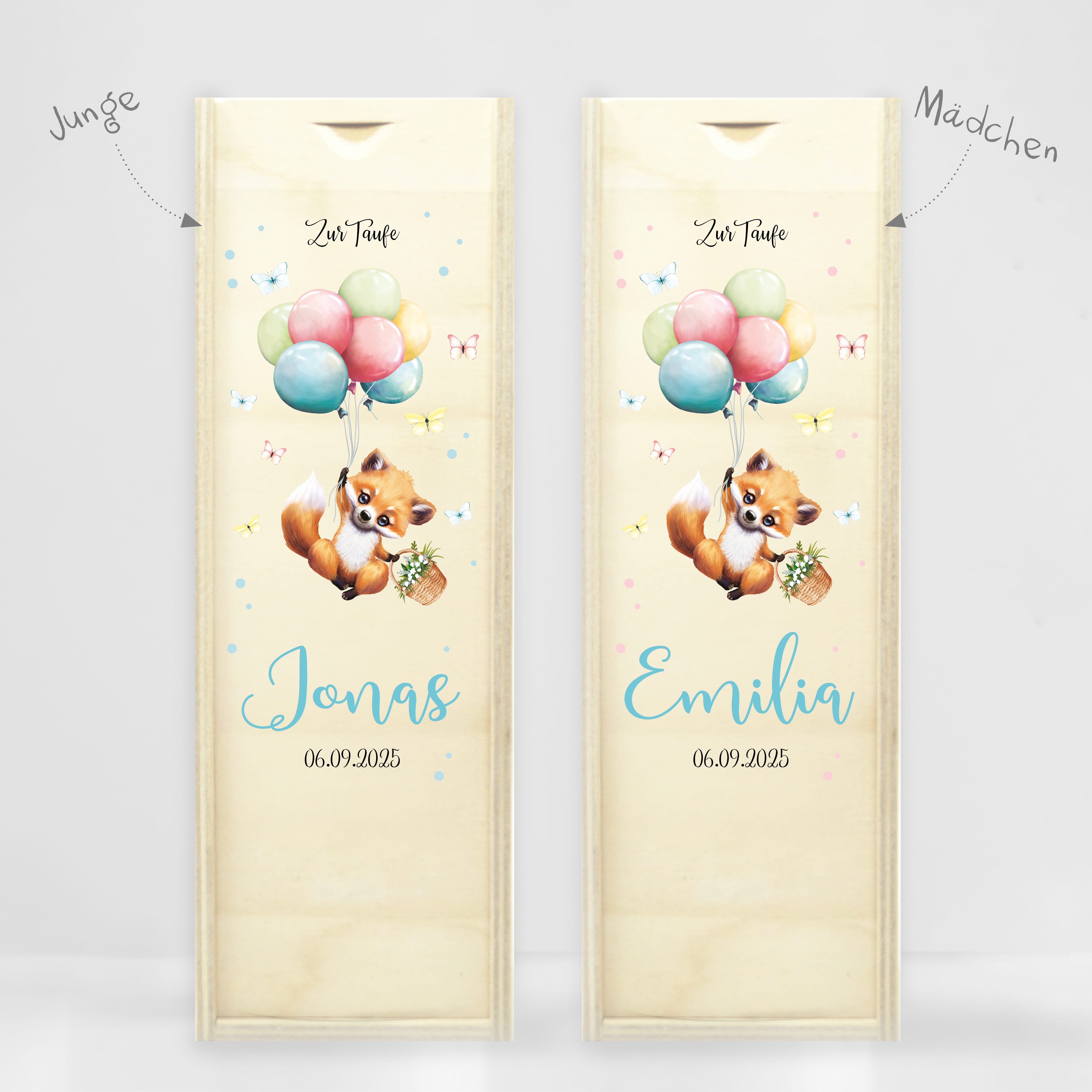 Auf dem Bild ist das Produkt: Taufkerze Junge Mädchen Fuchs Ballon Baby personalisierte Kerze zur Taufe mit Namen, Datum und eigenem, vorgegebenem oder keinem Taufspruch Taufgeschenk zum Preis von €5.90 abgebildet.