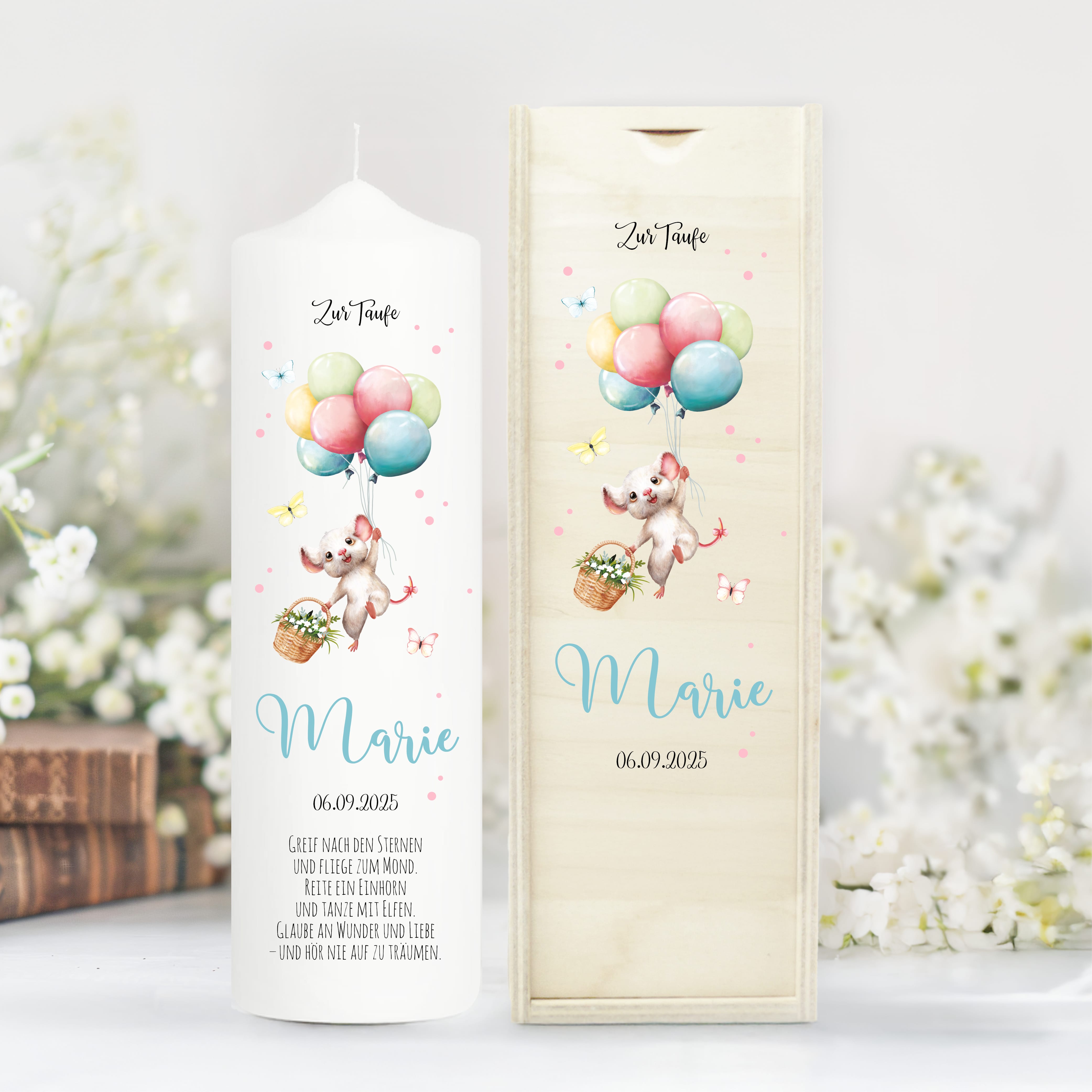 Taufkerze Junge Mädchen Maus Ballon personalisierte Kerze zur Taufe Kommunionskerze