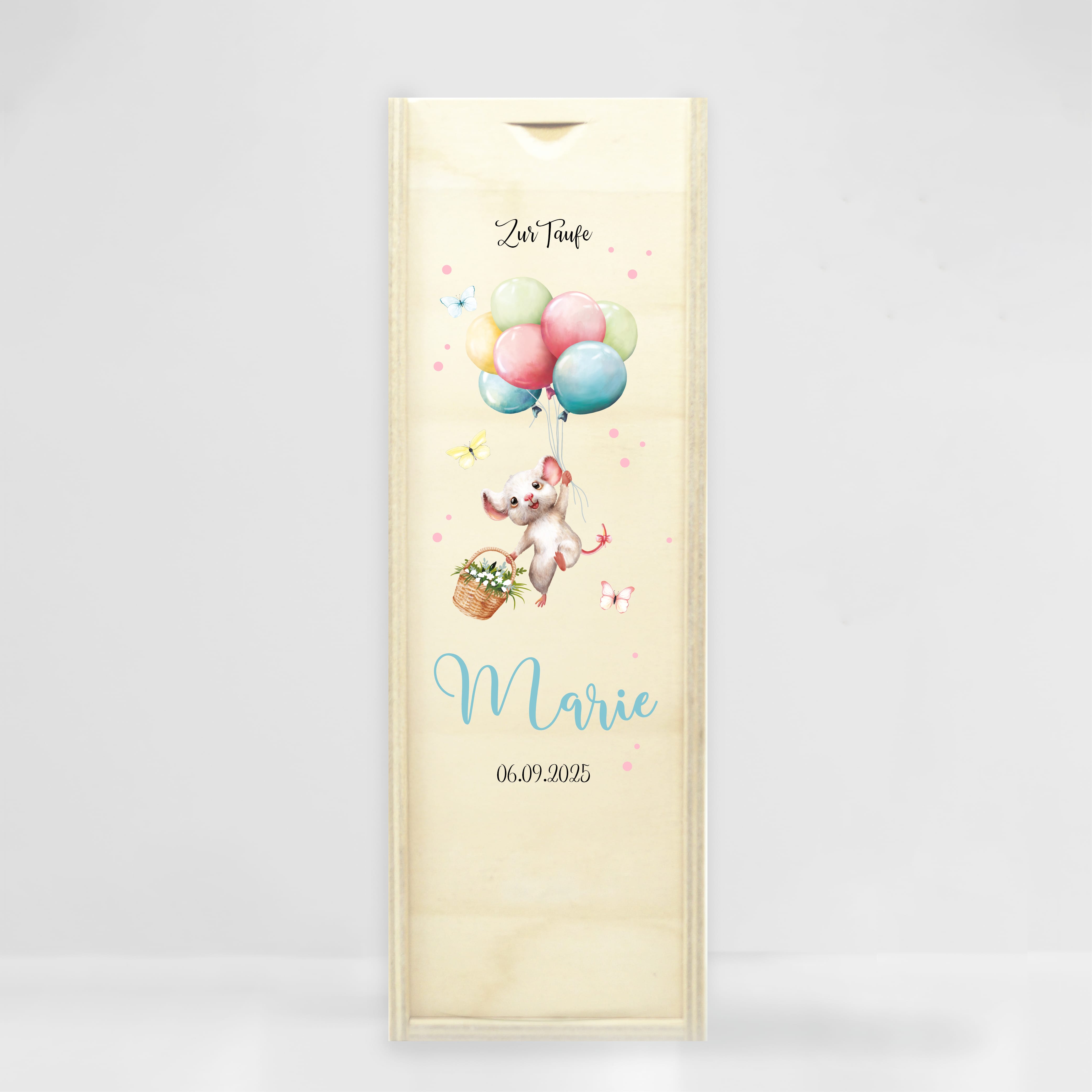 Auf dem Bild ist das Produkt: Taufkerze Junge Mädchen Maus Ballon personalisierte Kerze zur Taufe Kommunionskerze zum Preis von €6.4 abgebildet.