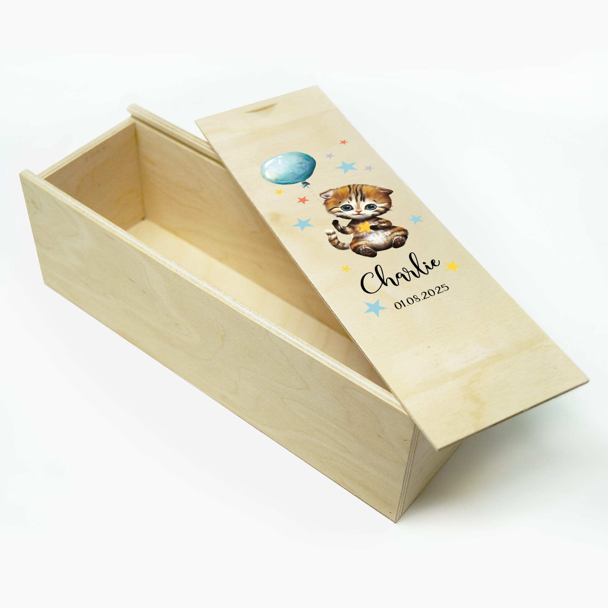 Auf dem Bild ist das Produkt: Taufkerze Junge Mädchen personalisiert Katze Ballon Baby Kerze zur Taufe mit Namen Datum Taufspruch zum Preis von €6.40 abgebildet.