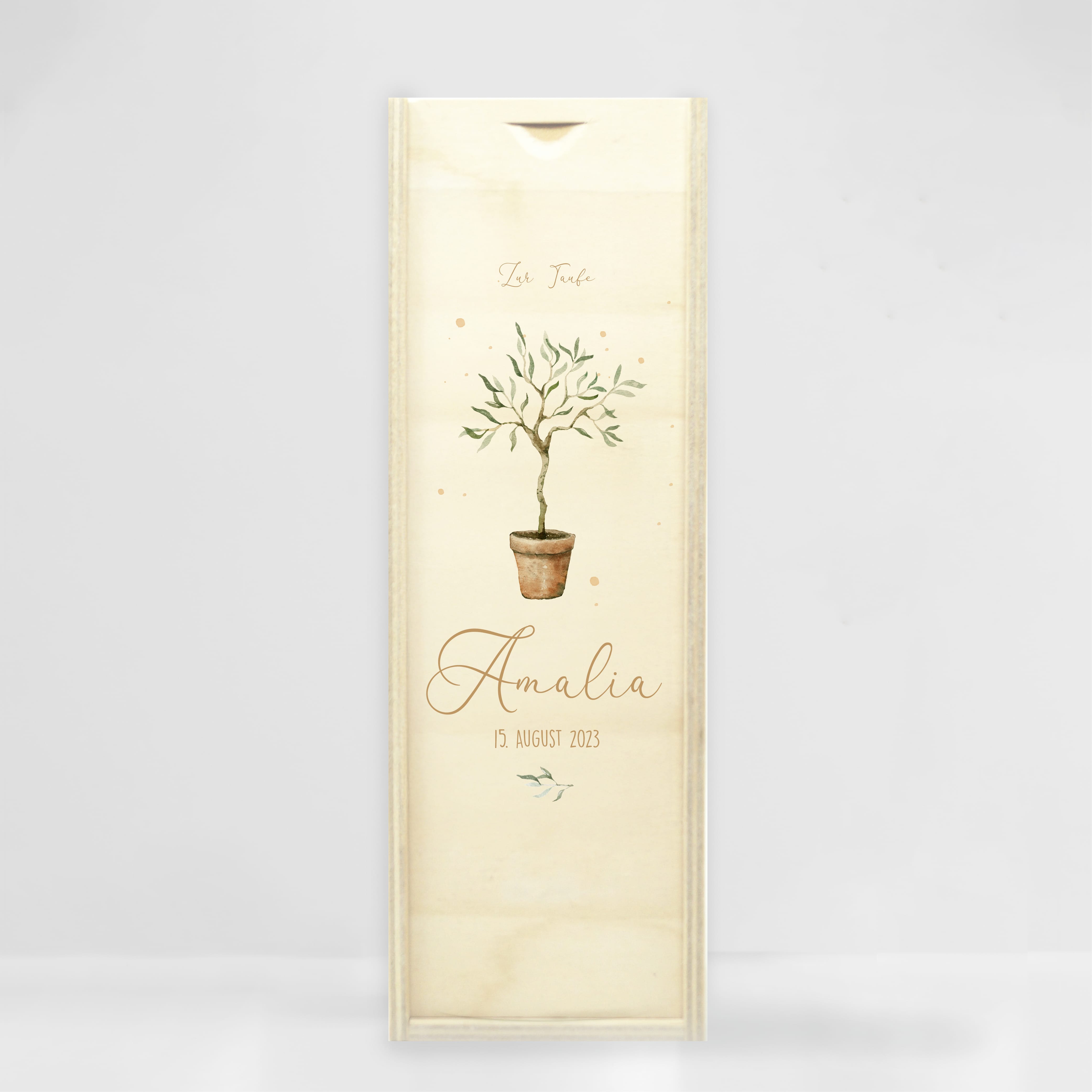 Auf dem Bild ist das Produkt: Taufkerze oder Kerze zur Geburt Junge Mädchen junger Oliven Baum Bäumchen pastell mit Namen, Datum und Spruch zum Preis von €6.4 abgebildet.