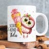 Auf dem Bild ist das Produkt: Tasse aus Keramik oder Kunststoff bedruckt Eule Mädchen Schulkind Schultüte personalisiert mit Wunschnamen zum Preis von €16.9 abgebildet.