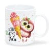 Auf dem Bild ist das Produkt: Tasse aus Keramik oder Kunststoff bedruckt Eule Mädchen Schulkind Schultüte personalisiert mit Wunschnamen zum Preis von €16.9 abgebildet.