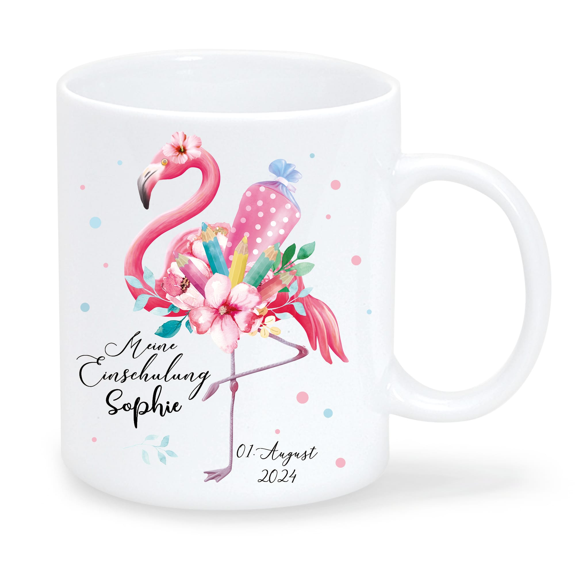 Auf dem Bild ist das Produkt: Tasse aus Keramik oder Kunststoff bedruckt Flamingo Schultüte Stifte Blüten personalisiert mit Wunschnamen und Datum zum Preis von €16.9 abgebildet.