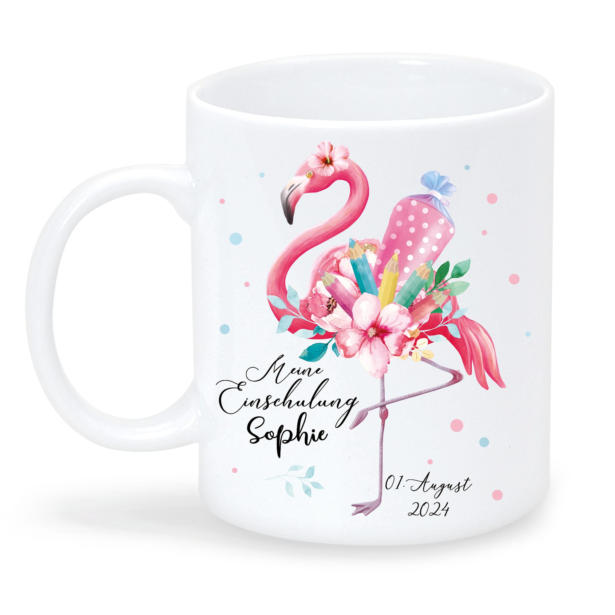 Auf dem Bild ist das Produkt: Tasse aus Keramik oder Kunststoff bedruckt Flamingo Schultüte Stifte Blüten personalisiert mit Wunschnamen und Datum zum Preis von €16.9 abgebildet.