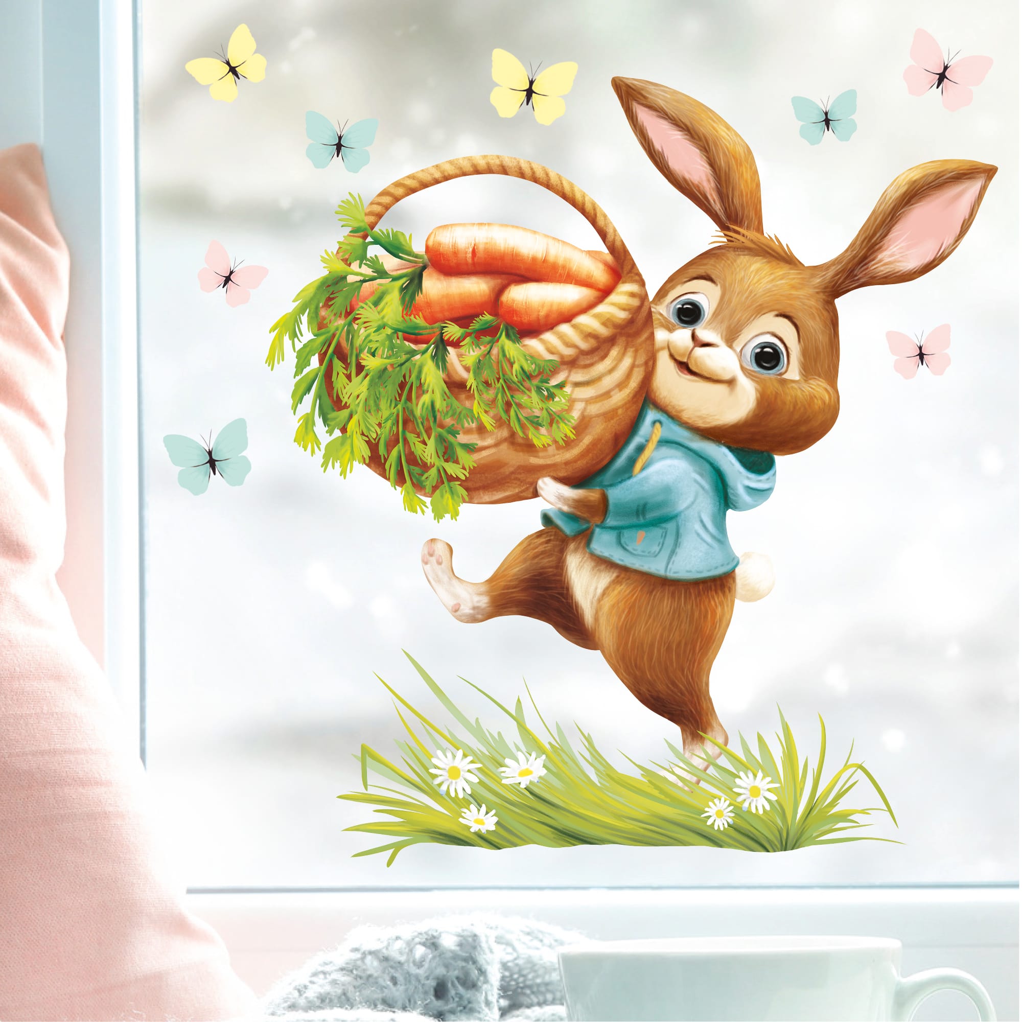 Auf dem Bild ist das Produkt: Fensterbild Kinderzimmer Frühling Ostern Hase Korb Schmetterlinge Wiederverwendbare Fensterdeko Kind Osterdekoration Frühlingsdeko zum Preis von €13.90 abgebildet.