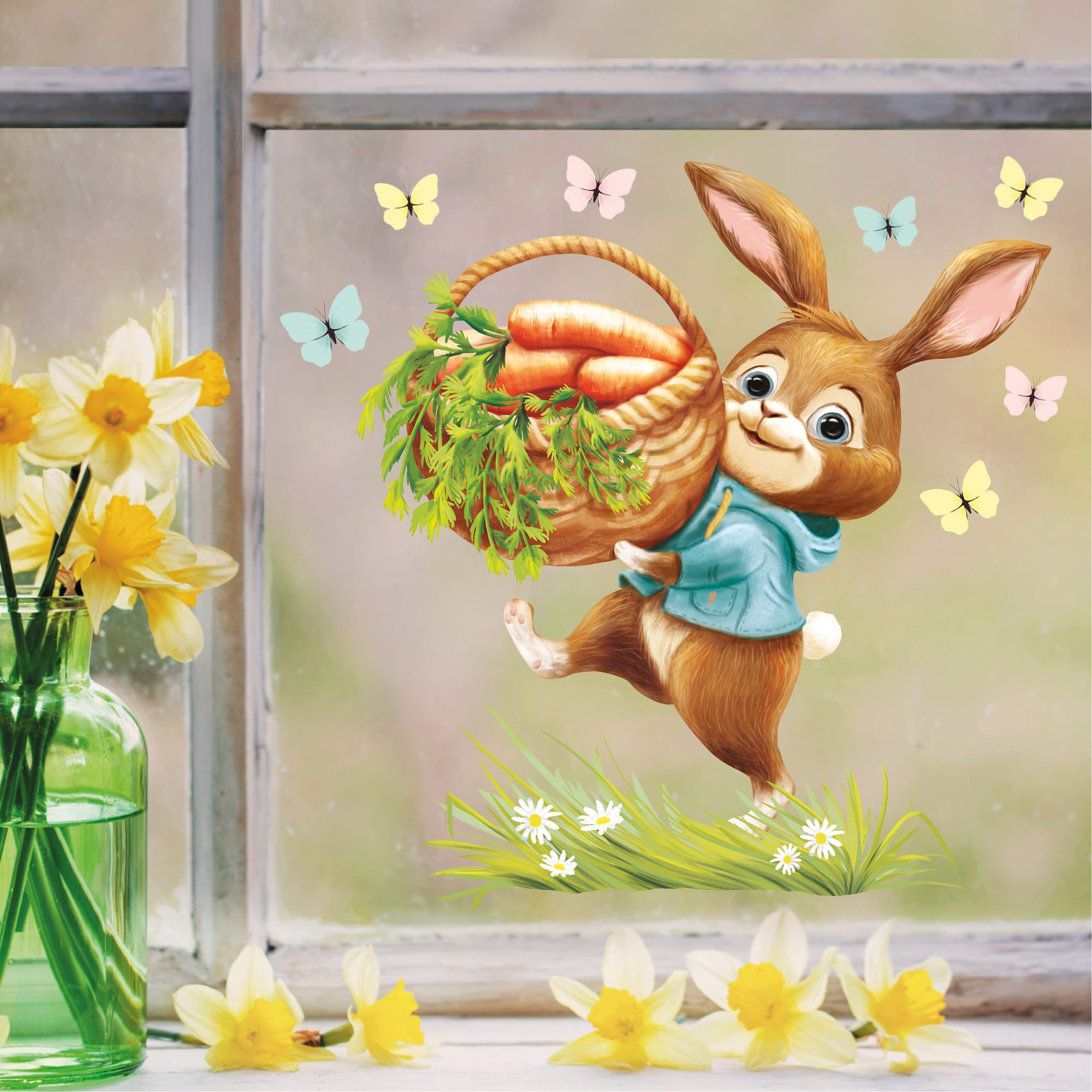 Auf dem Bild ist das Produkt: Fensterbild Kinderzimmer Frühling Ostern Hase Korb Schmetterlinge Wiederverwendbare Fensterdeko Kind Osterdekoration Frühlingsdeko zum Preis von €13.90 abgebildet.