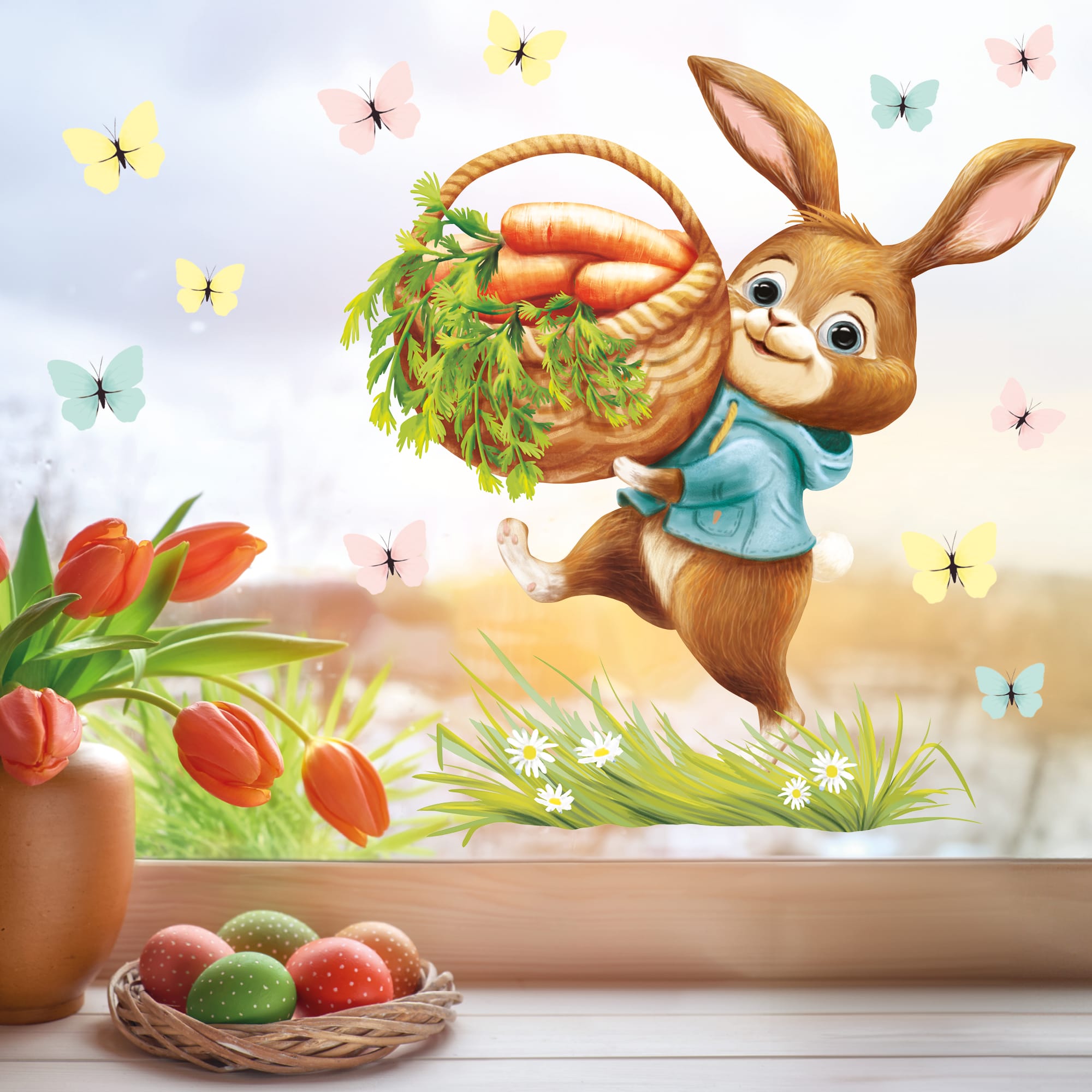 Fensterbild Kinderzimmer Frühling Ostern Hase Korb Schmetterlinge Wiederverwendbare Fensterdeko Kind Osterdekoration Frühlingsdeko