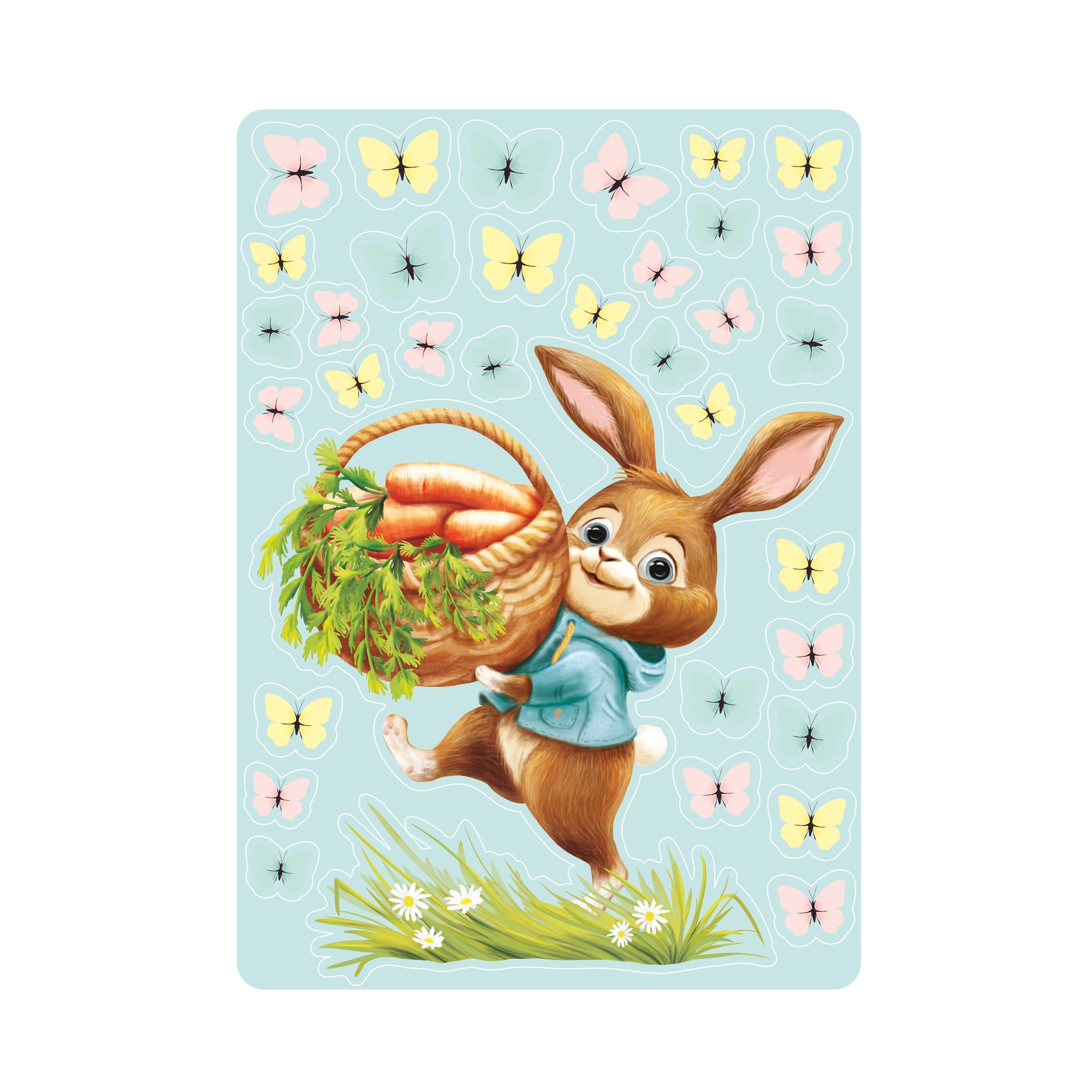 Auf dem Bild ist das Produkt: Fensterbild Kinderzimmer Frühling Ostern Hase Korb Schmetterlinge Wiederverwendbare Fensterdeko Kind Osterdekoration Frühlingsdeko zum Preis von €13.90 abgebildet.
