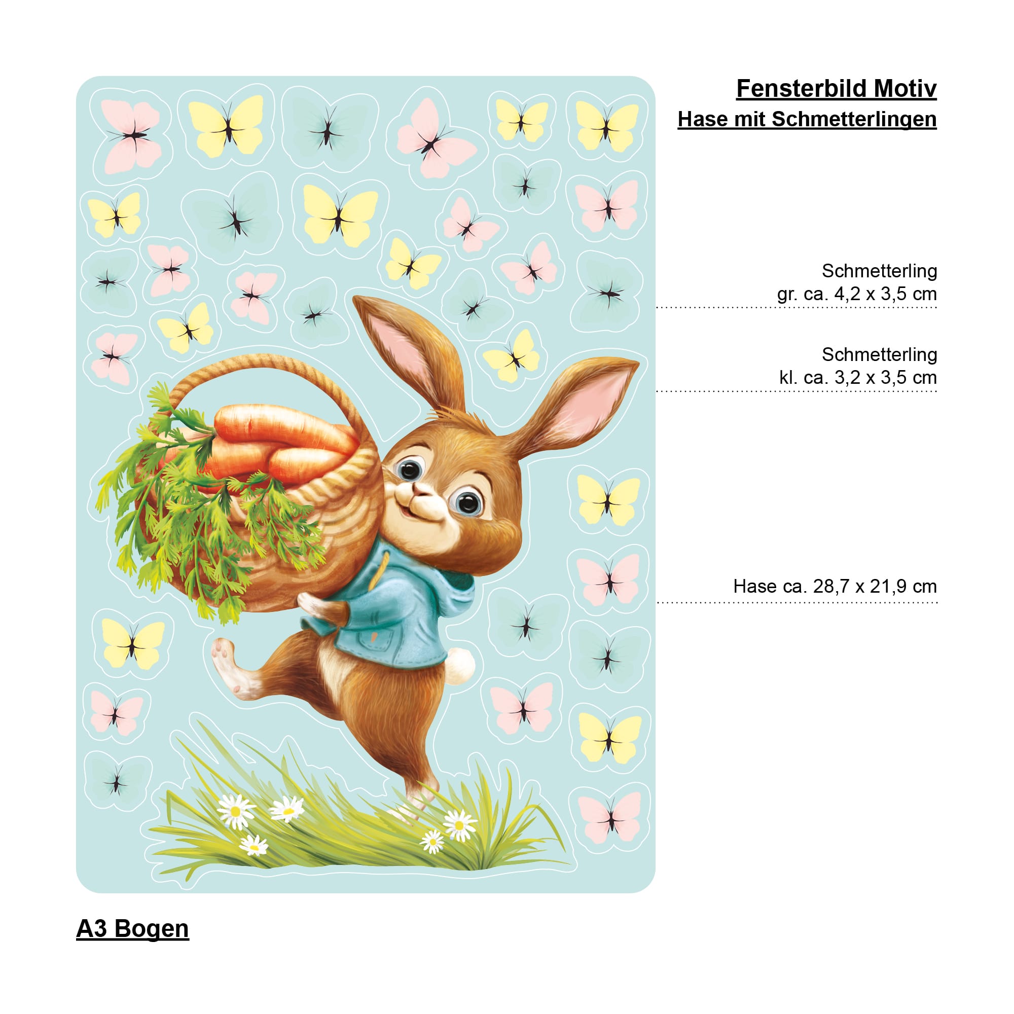 Auf dem Bild ist das Produkt: Fensterbild Kinderzimmer Frühling Ostern Hase Korb Schmetterlinge Wiederverwendbare Fensterdeko Kind Osterdekoration Frühlingsdeko zum Preis von €13.90 abgebildet.