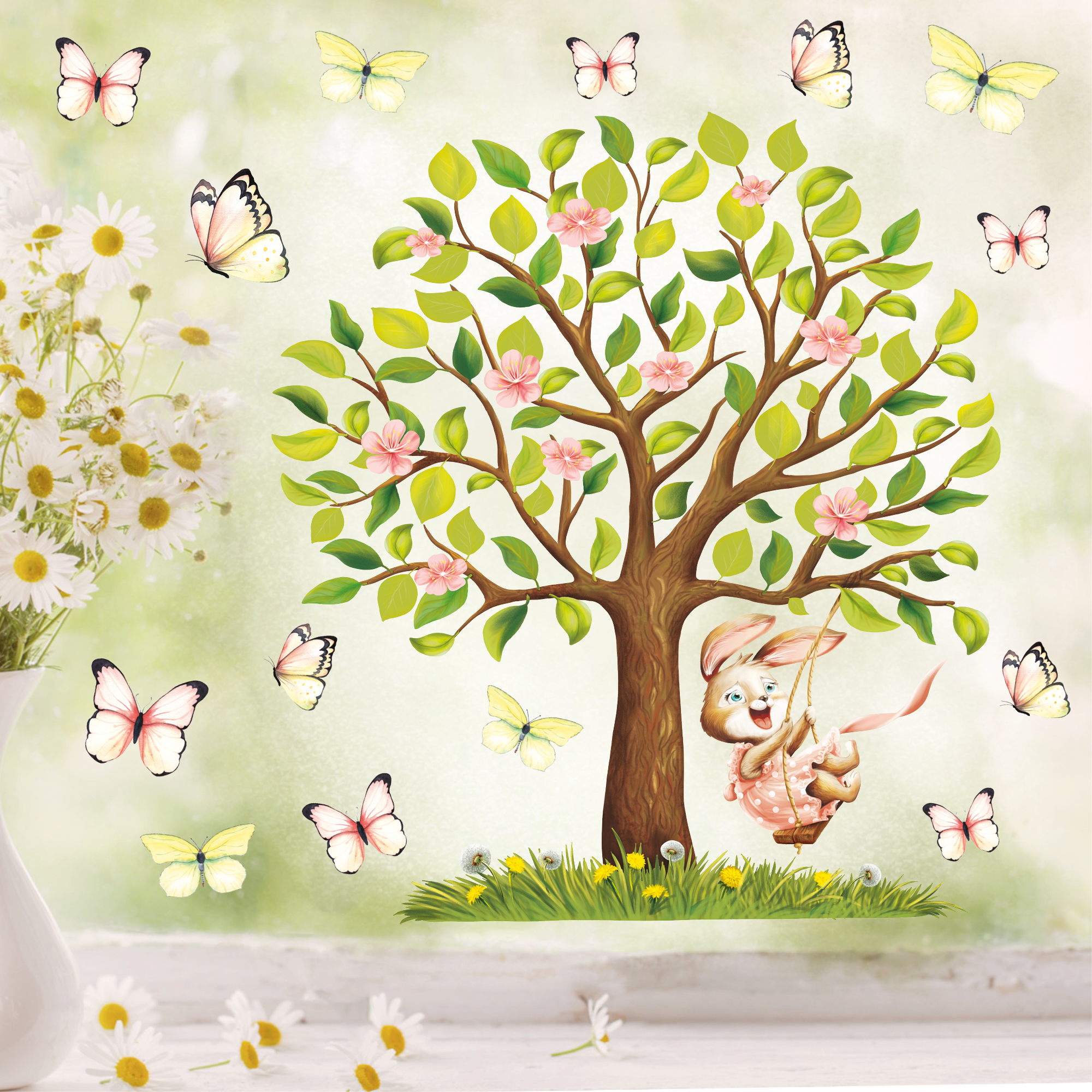 Auf dem Bild ist das Produkt: Fensterbild Frühling Ostern Baum Hase Schaukel Schmetterlinge Wiederverwendbare Fensterdeko Kinderzimmer Kind zum Preis von €13.90 abgebildet.