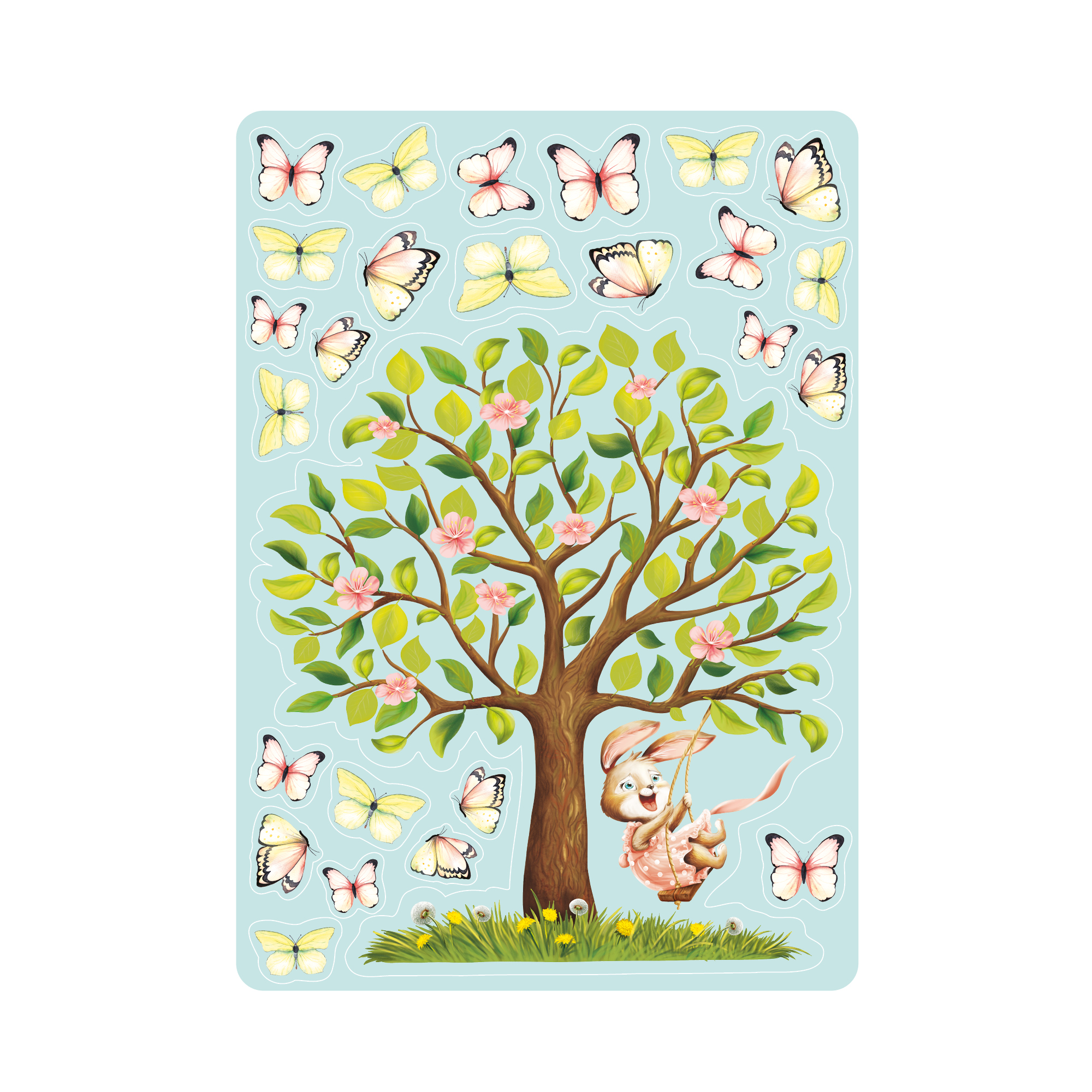 Auf dem Bild ist das Produkt: Fensterbild Frühling Ostern Baum Hase Schaukel Schmetterlinge Wiederverwendbare Fensterdeko Kinderzimmer Kind zum Preis von €13.90 abgebildet.