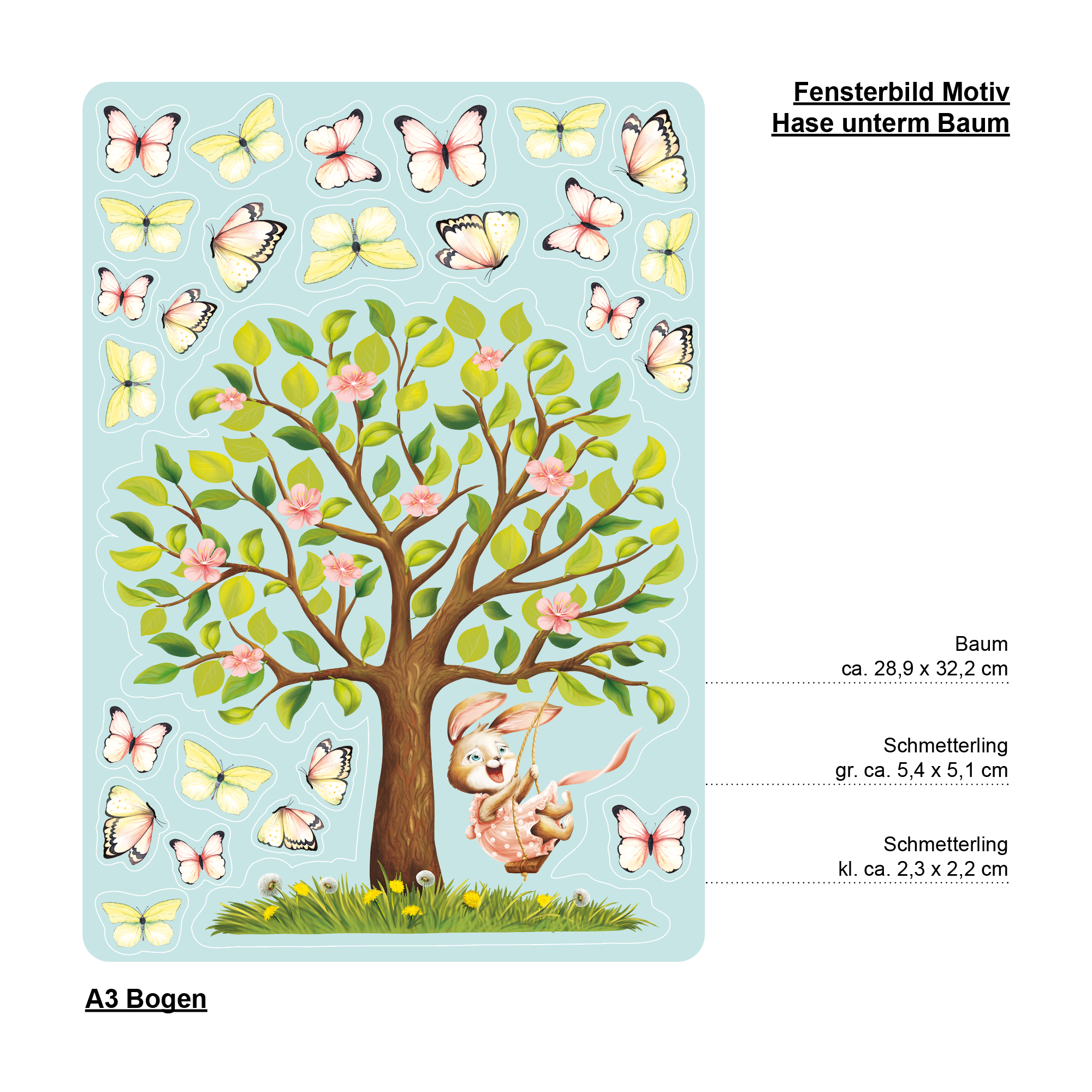 Auf dem Bild ist das Produkt: Fensterbild Frühling Ostern Baum Hase Schaukel Schmetterlinge Wiederverwendbare Fensterdeko Kinderzimmer Kind zum Preis von €13.90 abgebildet.