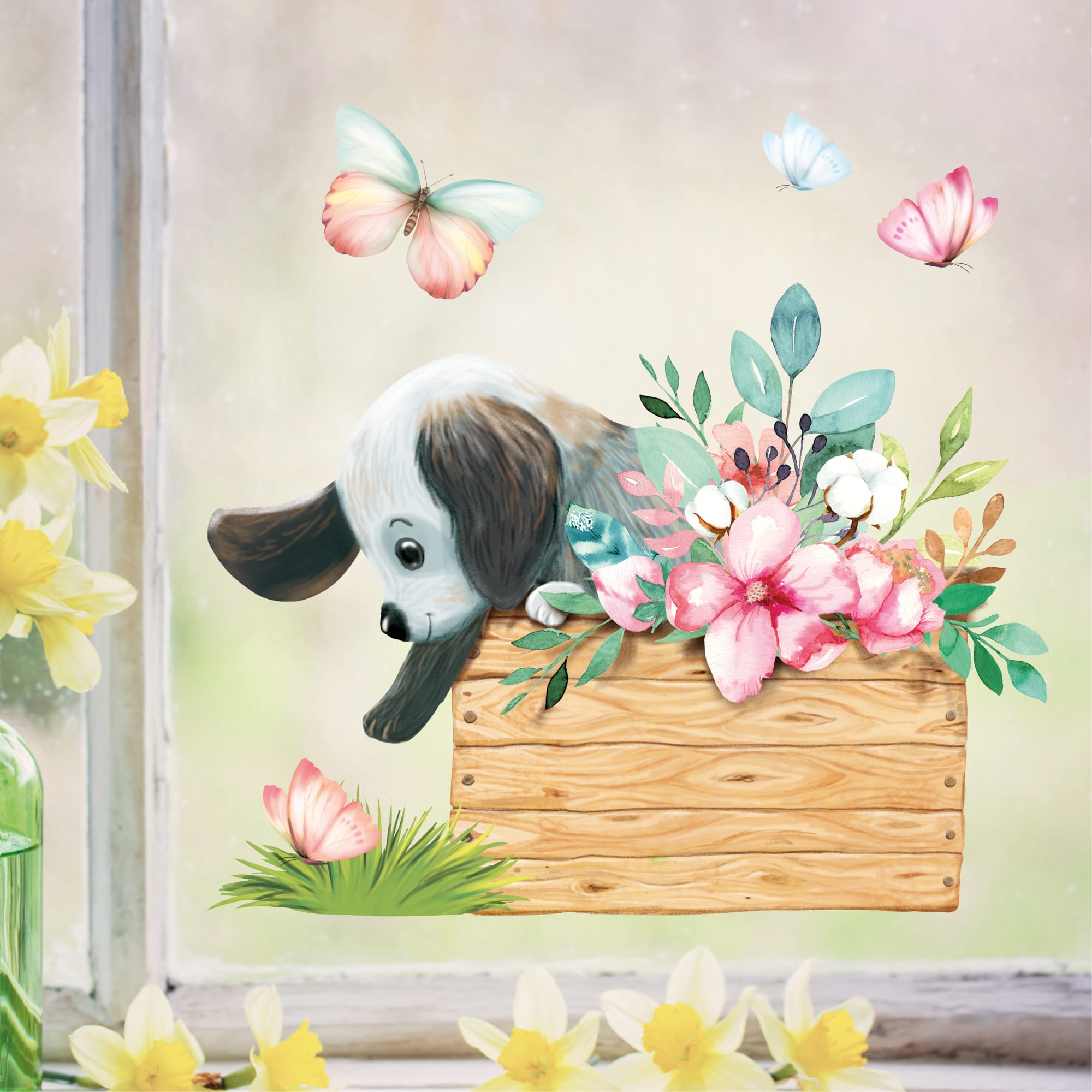 Auf dem Bild ist das Produkt: Fensterbild Frühling Ostern Welpe Hund in Kiste mit Blumen Schmetterlingen Fensterdeko Kinderzimmer Kind, Osterdeko, Frühlingsdeko zum Preis von €13.90 abgebildet.