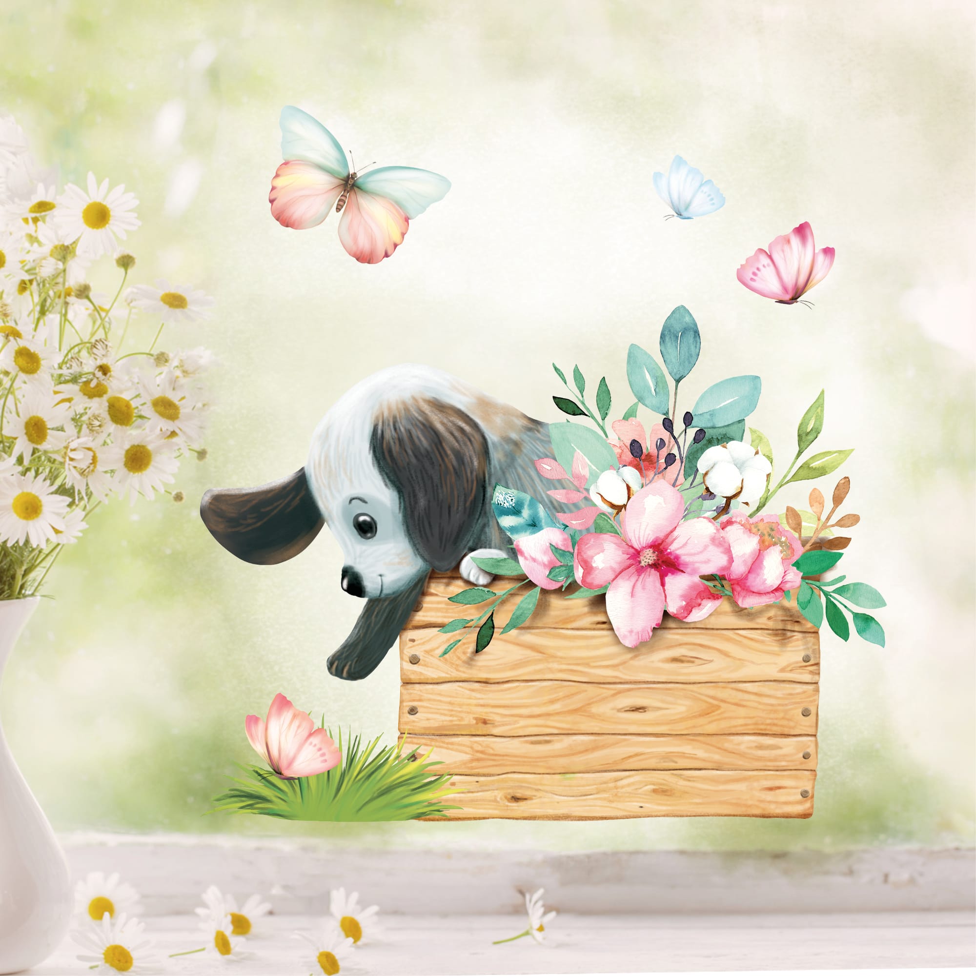 Auf dem Bild ist das Produkt: Fensterbild Frühling Ostern Welpe Hund in Kiste mit Blumen Schmetterlingen Fensterdeko Kinderzimmer Kind, Osterdeko, Frühlingsdeko zum Preis von €13.90 abgebildet.
