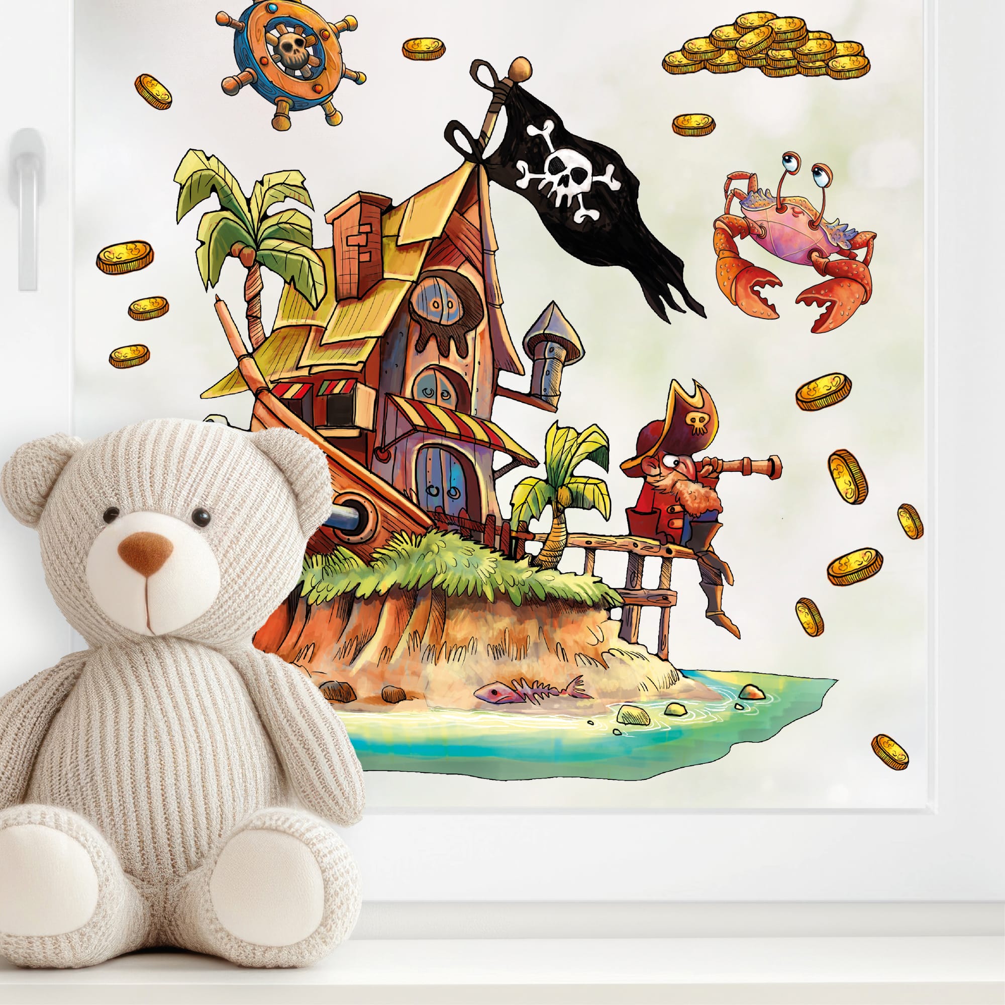 Auf dem Bild ist das Produkt: Fensteraufkleber Kinderzimmer Piratenschiff wiederverwendbare Fensterdekoration Fensterbild Pirat Pirateninsel zum Preis von €13.90 abgebildet.