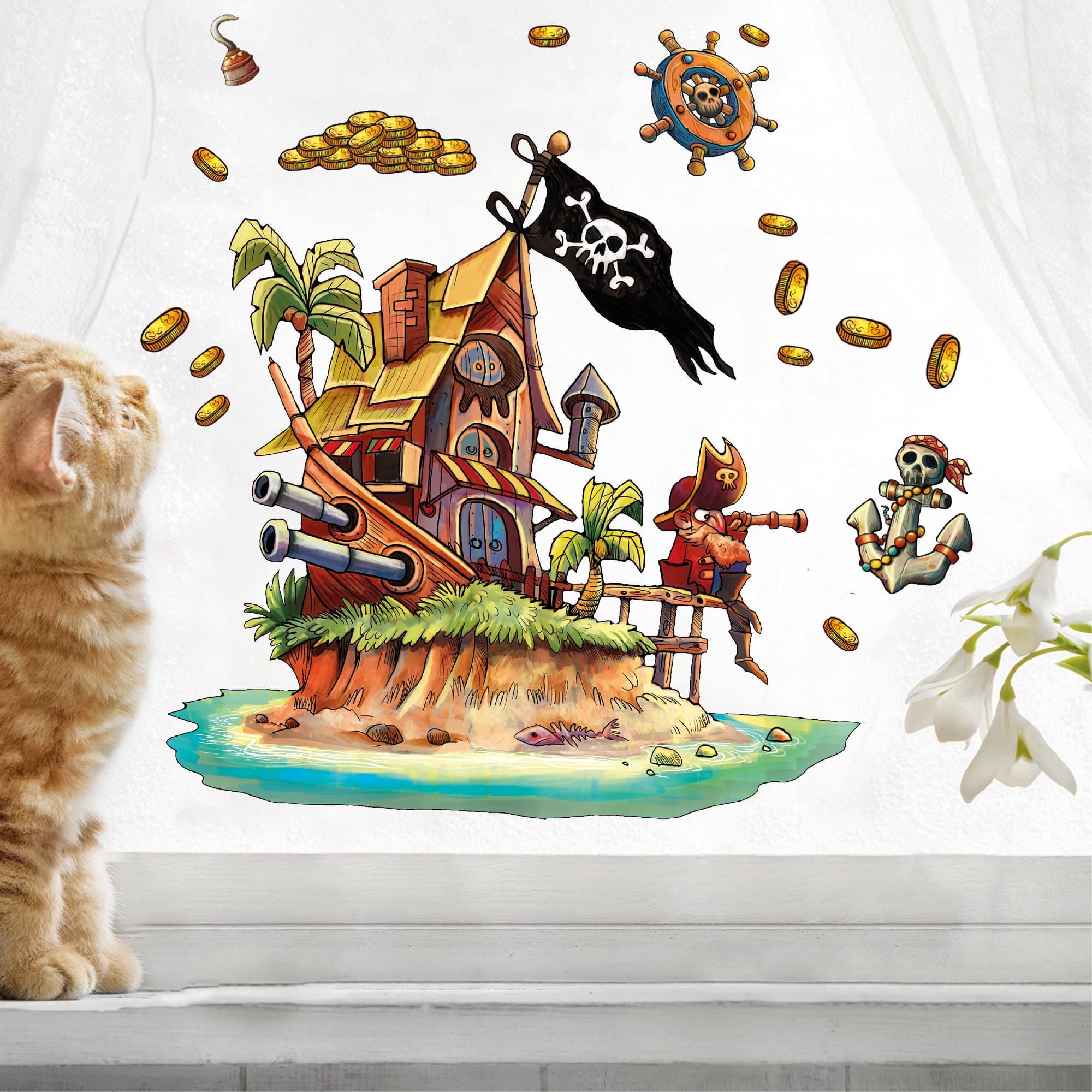 Fensteraufkleber Kinderzimmer Piratenschiff wiederverwendbare Fensterdekoration Fensterbild Pirat Pirateninsel