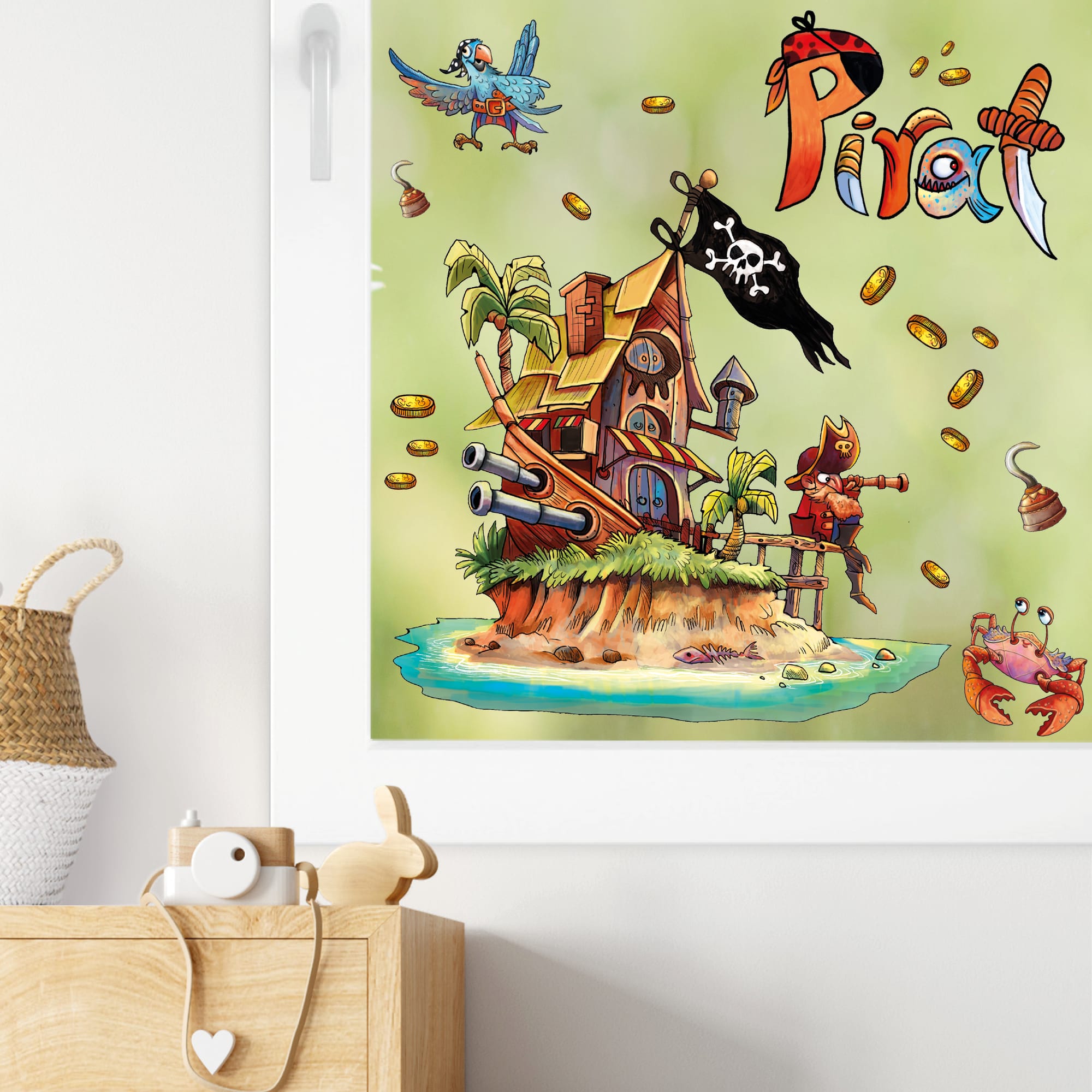 Auf dem Bild ist das Produkt: Fensteraufkleber Kinderzimmer Piratenschiff wiederverwendbare Fensterdekoration Fensterbild Pirat Pirateninsel zum Preis von €13.90 abgebildet.