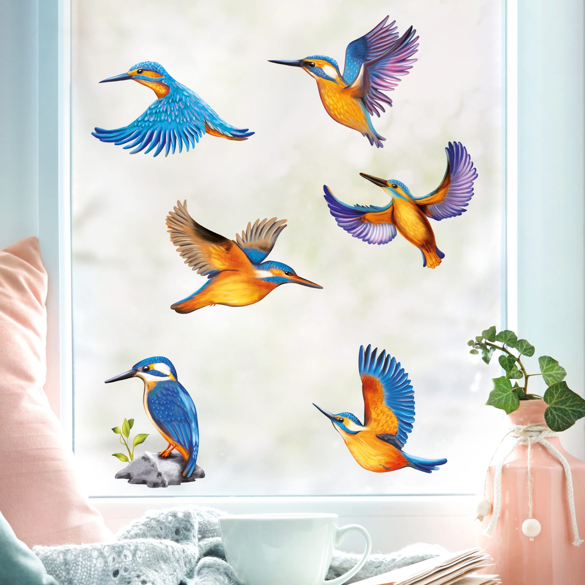 Auf dem Bild ist das Produkt: Frühling Fensterbild Vogel Eisvögel Vogelset bunt farbig wiederverwendbare Fensteraufkleber Kinderzimmer Baby Kind zum Preis von €13.90 abgebildet.